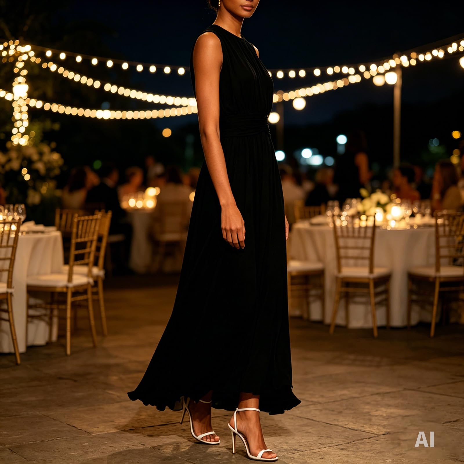 Ärmelloses Maxi-Kleid für Damen – Festliches Abendkleid in A-Linie mit Rundhalsausschnitt, Faltenlegung und Geraffter Taille; ideal für Sommerhochzeiten, als Gast oder Brautjungfer