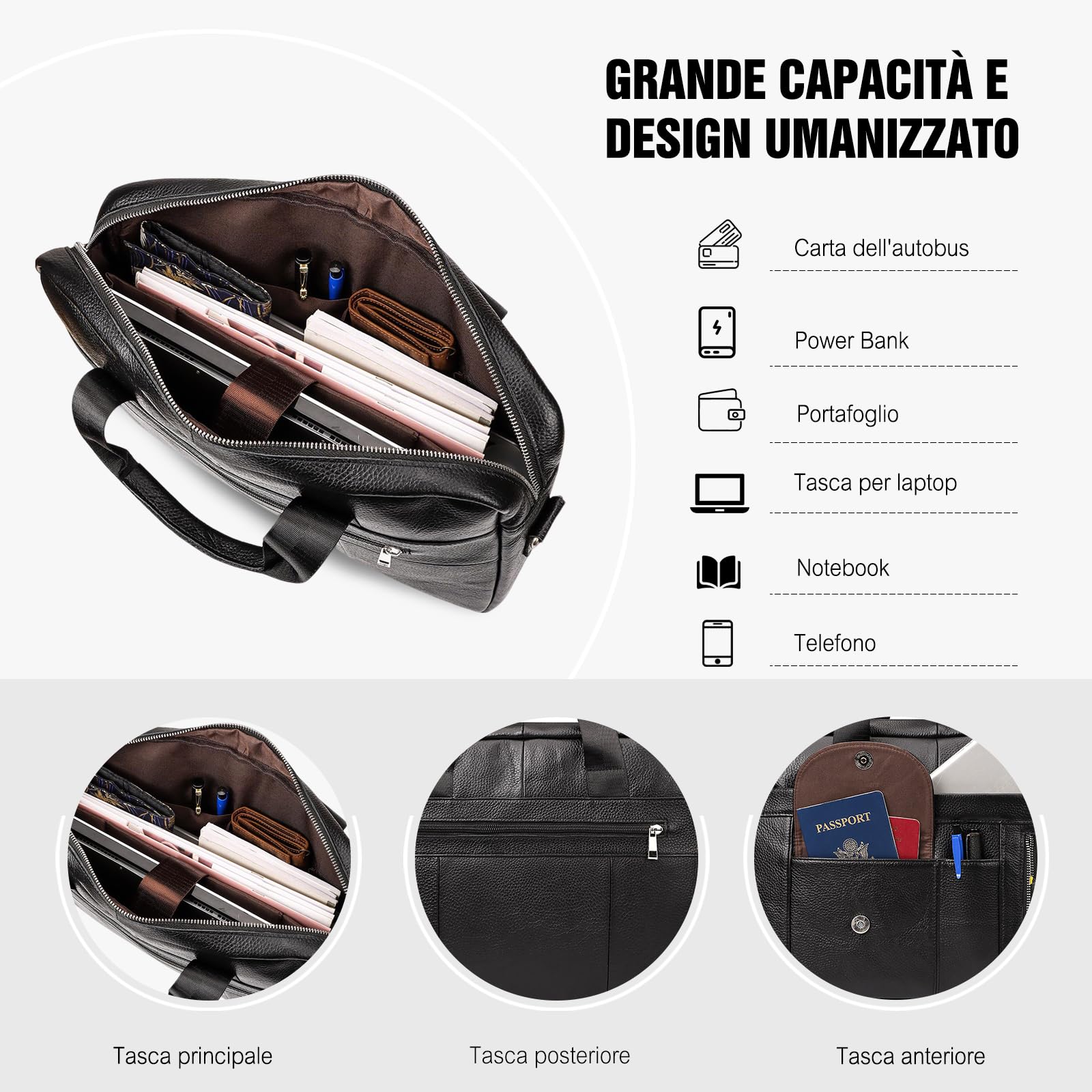 FANDARE Uomo Ventiquattrore 24 Ore Borsa a Tracolla Messenger Pelle Borse a spalla Business Borsa da giorno Sacchetto Valigetta Borsetta per 15.6 pollice laptop Cartella Portadocumenti Crossbody Bag