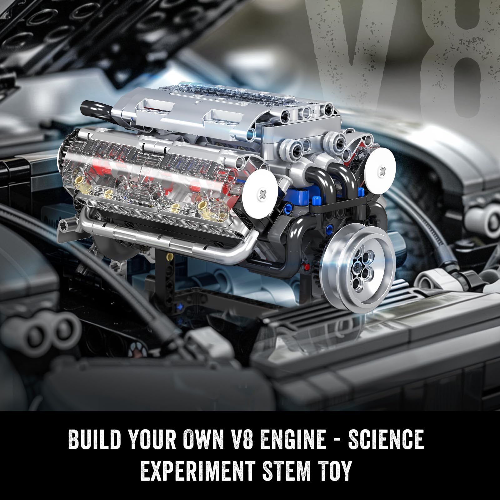 Mould King 10088 MOC Technology (V8) Kit di Blocco Cilindro in Linea del Motore a Benzina a Otto Cilindri, Kit di Bloccaggio della Tecnologia Compreso Motore e Scatola Batteria V8 Engine (535 PCS+)