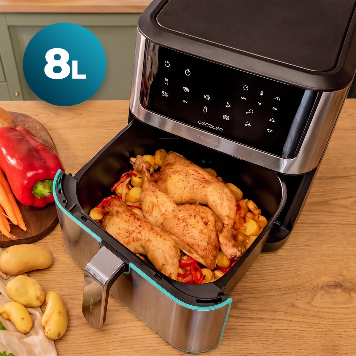 Cecotec Frytkownica na gorące powietrze Cecofry Supreme 8000 Hot. pojemność 8 l, 1800 W, konstrukcja ze stali nierdzewnej, sterowanie dotykowe, 10 programów, 30-200 stopni, funkcja Pre-Heat i