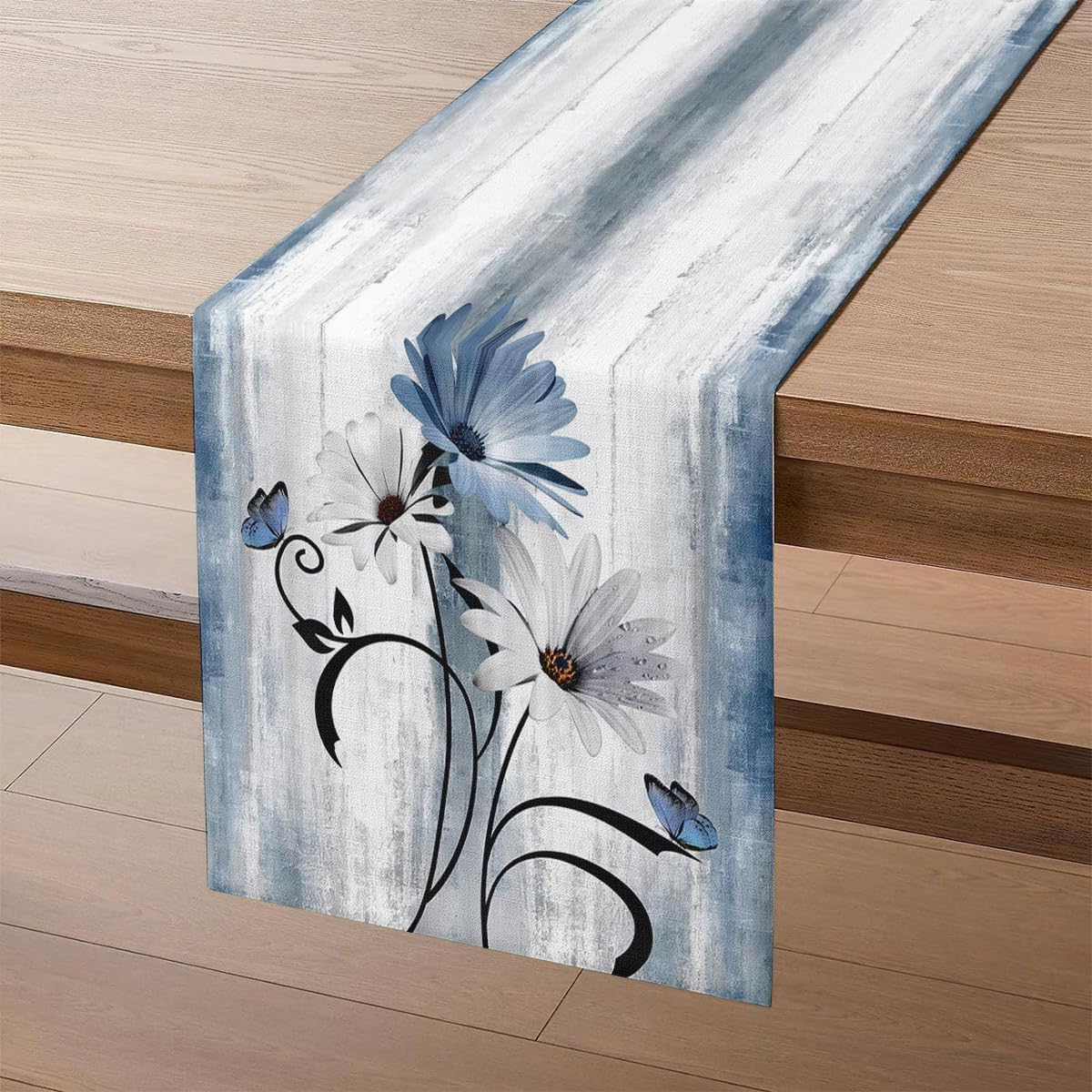 Tischläufer Marineblau Retro Tischläufer mit Blumen Tischdekoration Rustikal Weiße Gänseblümchen Bauernhaus 40 x 100 cm Küche Tisch Dekoration für Partys, Esstisch, Couchtisch Hochzeit