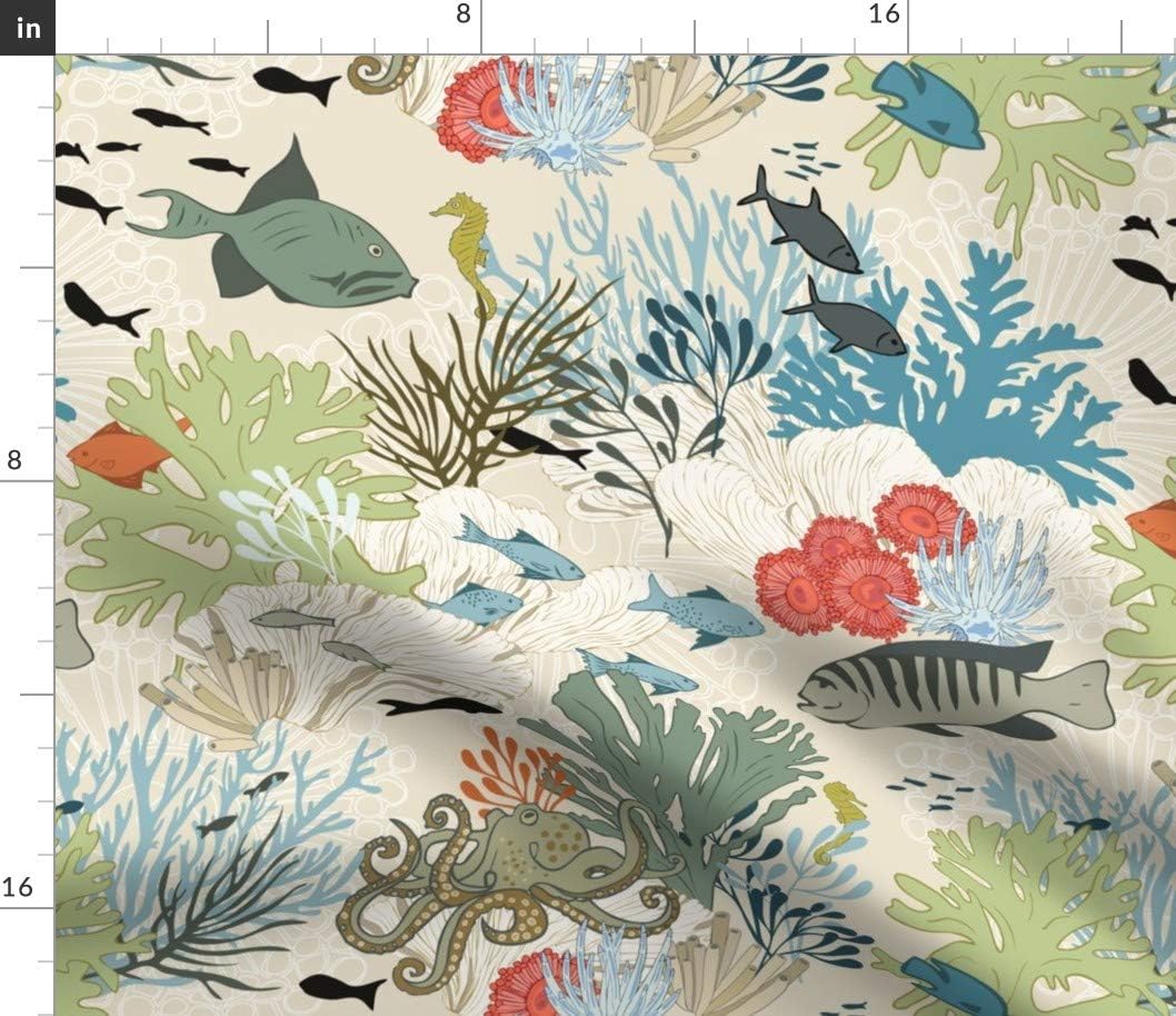 Spoonflower Fabric - Coral Reef Cream Fish Seahorse Ocean Octopus Printed on Petal Signature Cotton Fabric by The Yard - Sewing Quilting Apparel Crafts Decor