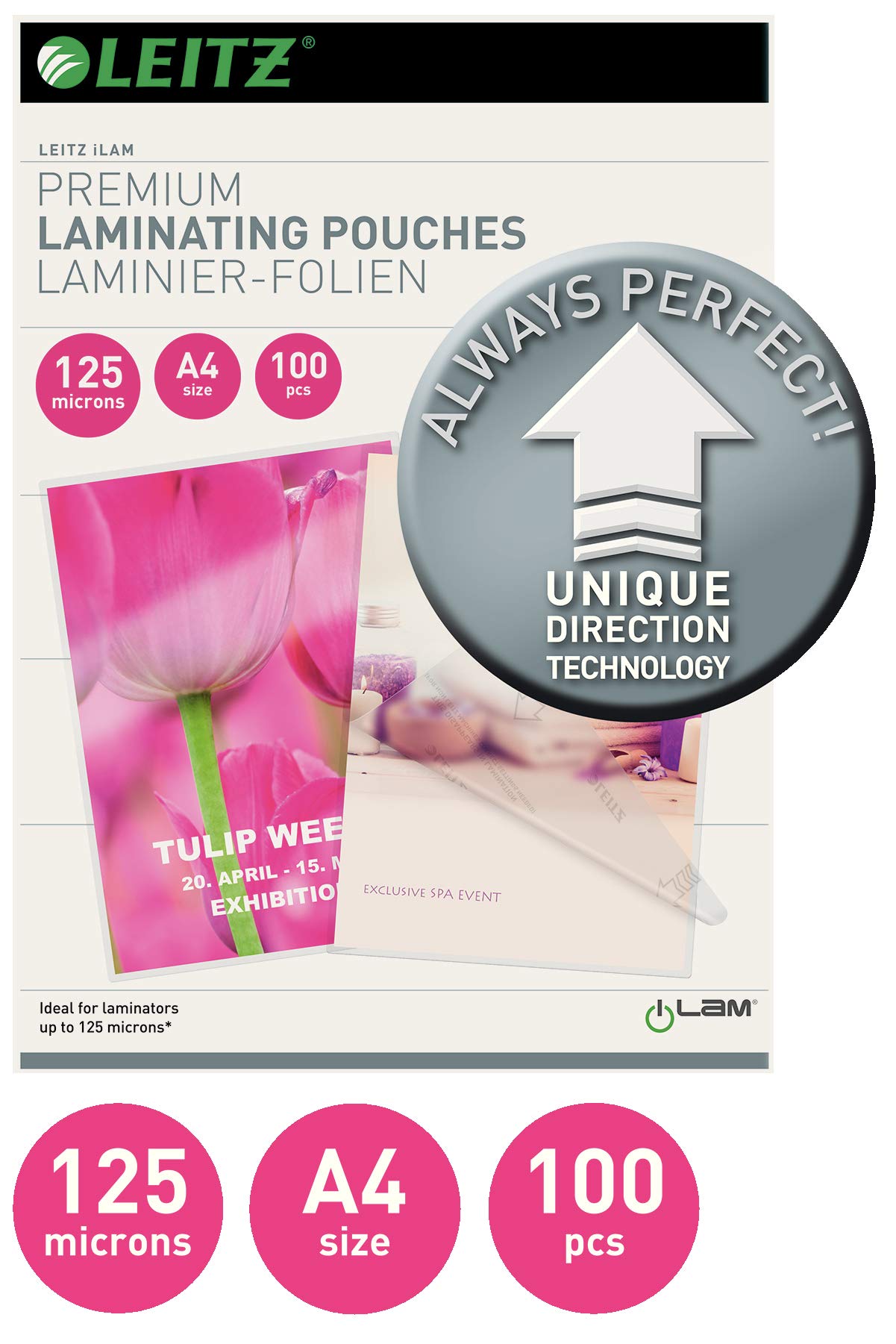 Leitz Laminiergerät, Metallic grau, A4, Home Office, iLam, WOW, 73680089 & Heißlaminierfolien, Glänzend, transparent, A4, UDT, Folienstärke 125 mic, 100er Pack, 74810000