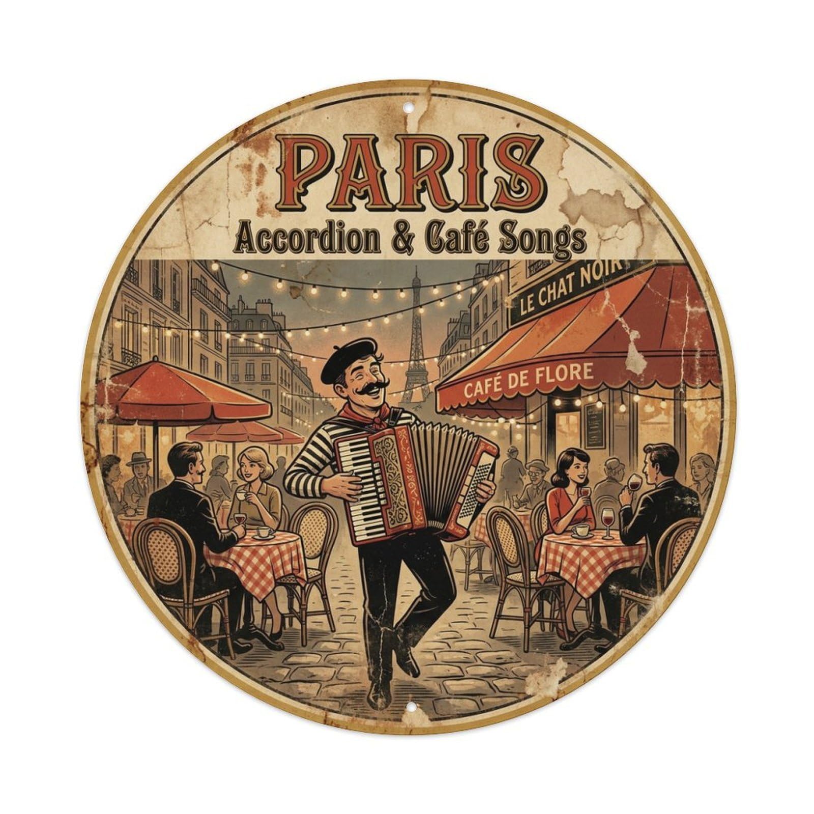 Olhnbad Style Paris Accordion Cafe Songs Route Travel Classic Cuisine Metal Tin Sign