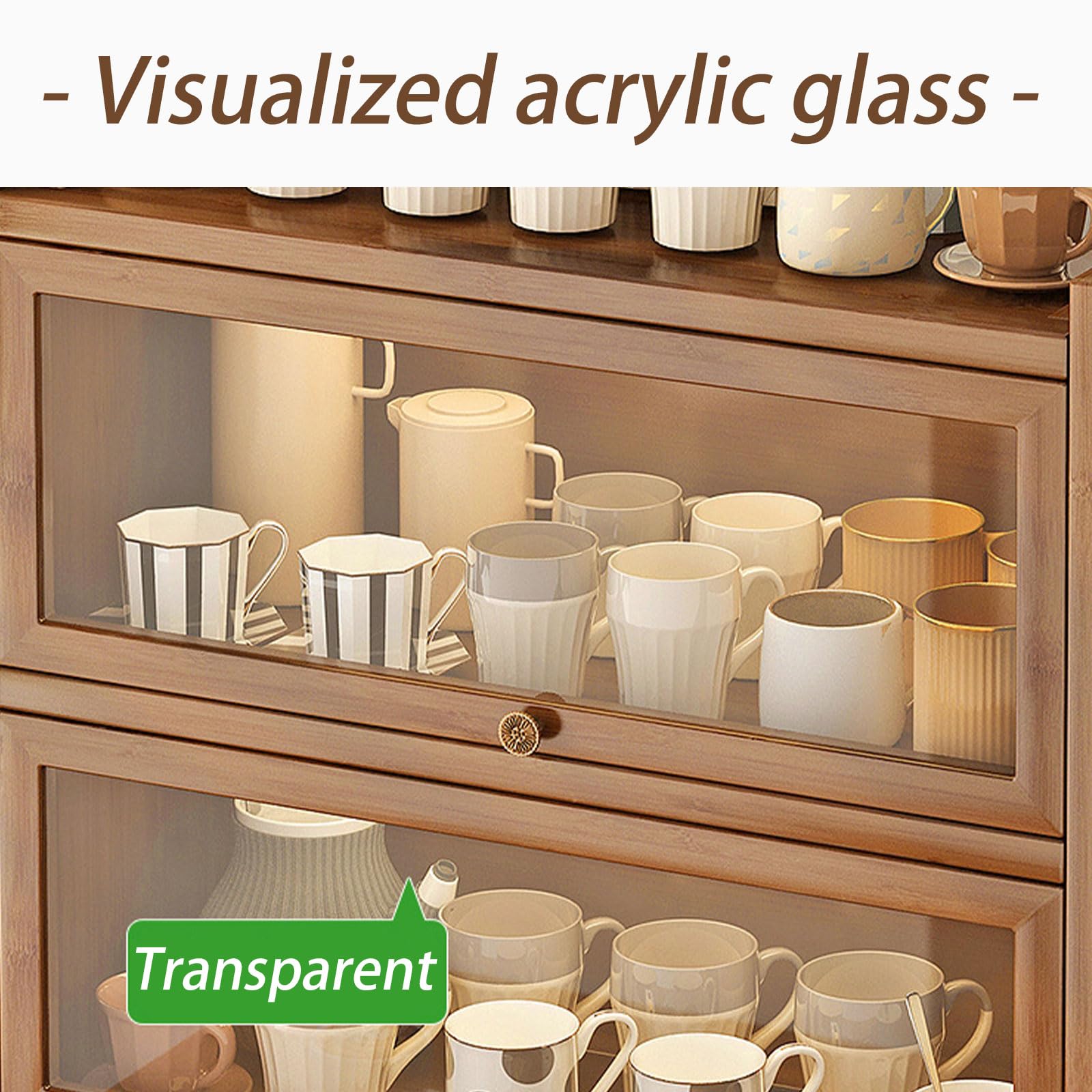 Armario de almacenamiento de gran capacidad para encimera de cocina con puerta de cristal, organizador de pan de madera para 2 capas, 80 cm