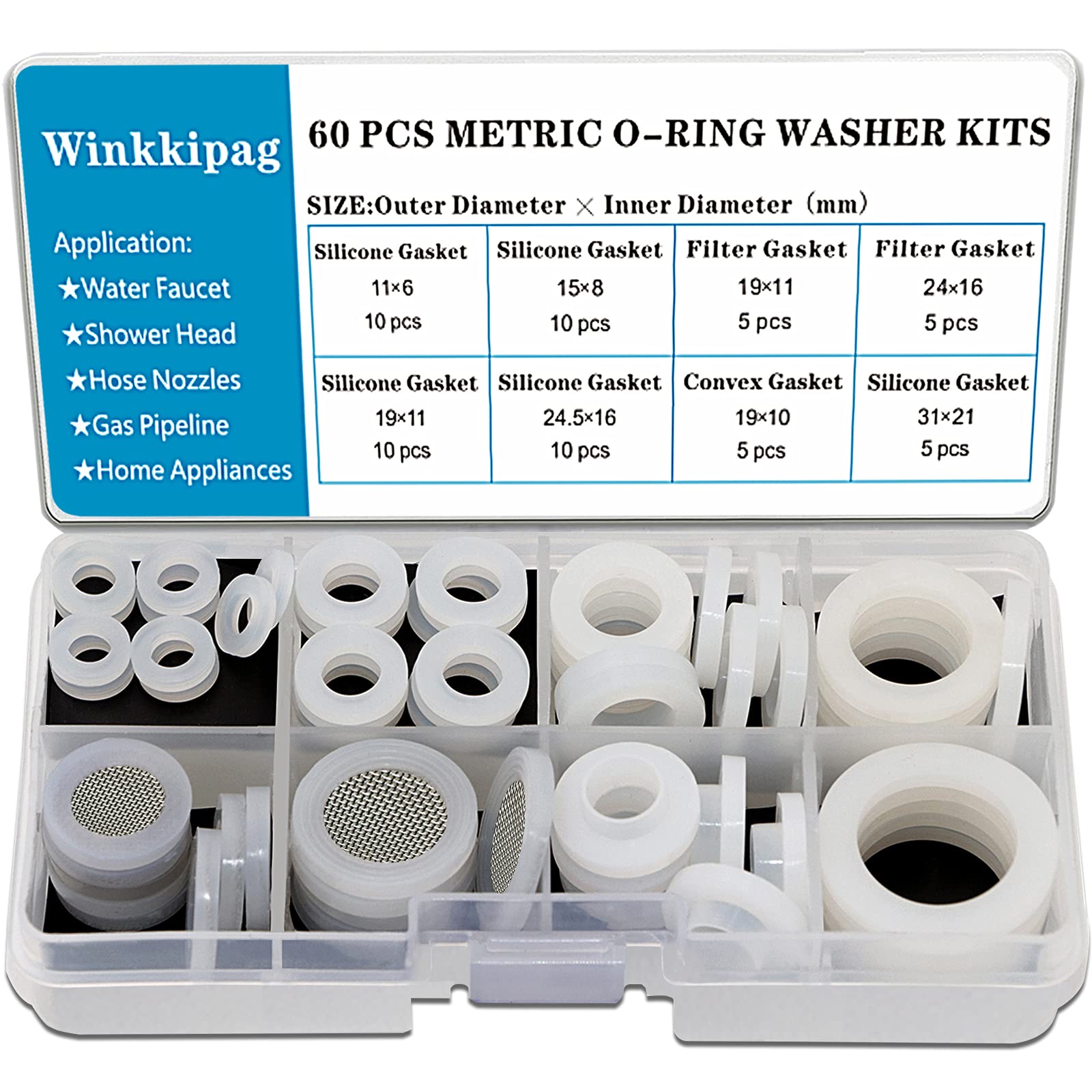 (60 PCS Silicone Belt Filter) - TWCC 60 PCS Water Hose Silicone Gasket Assortment Kit for Shower Head Washer Garden Hose Gaskets 2.5cm , 1.9cm , 1.3cm , 1cm , 0.6cm Hot Plumbing Fittings Seal Repair
