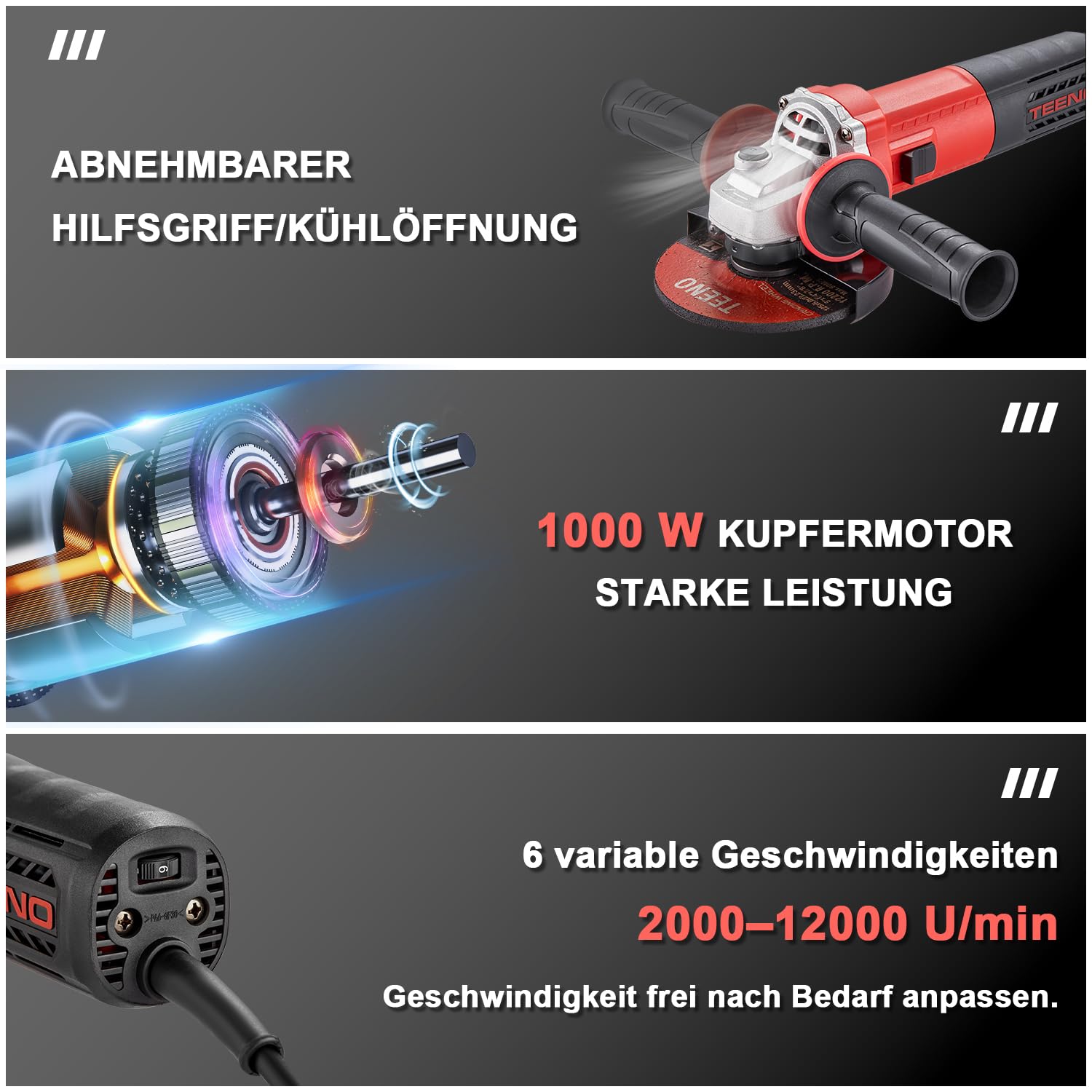 TEENO Winkelschleifer 1000W 2000-12000 U/min Mit 20 Zubehörteilen, Profi-Winkelschleifer Mit Werkzeugtasche,125mm Scheiben, Zum Trennen und Schleifen, Polieren, Metall, Holz, Keramik, Stein