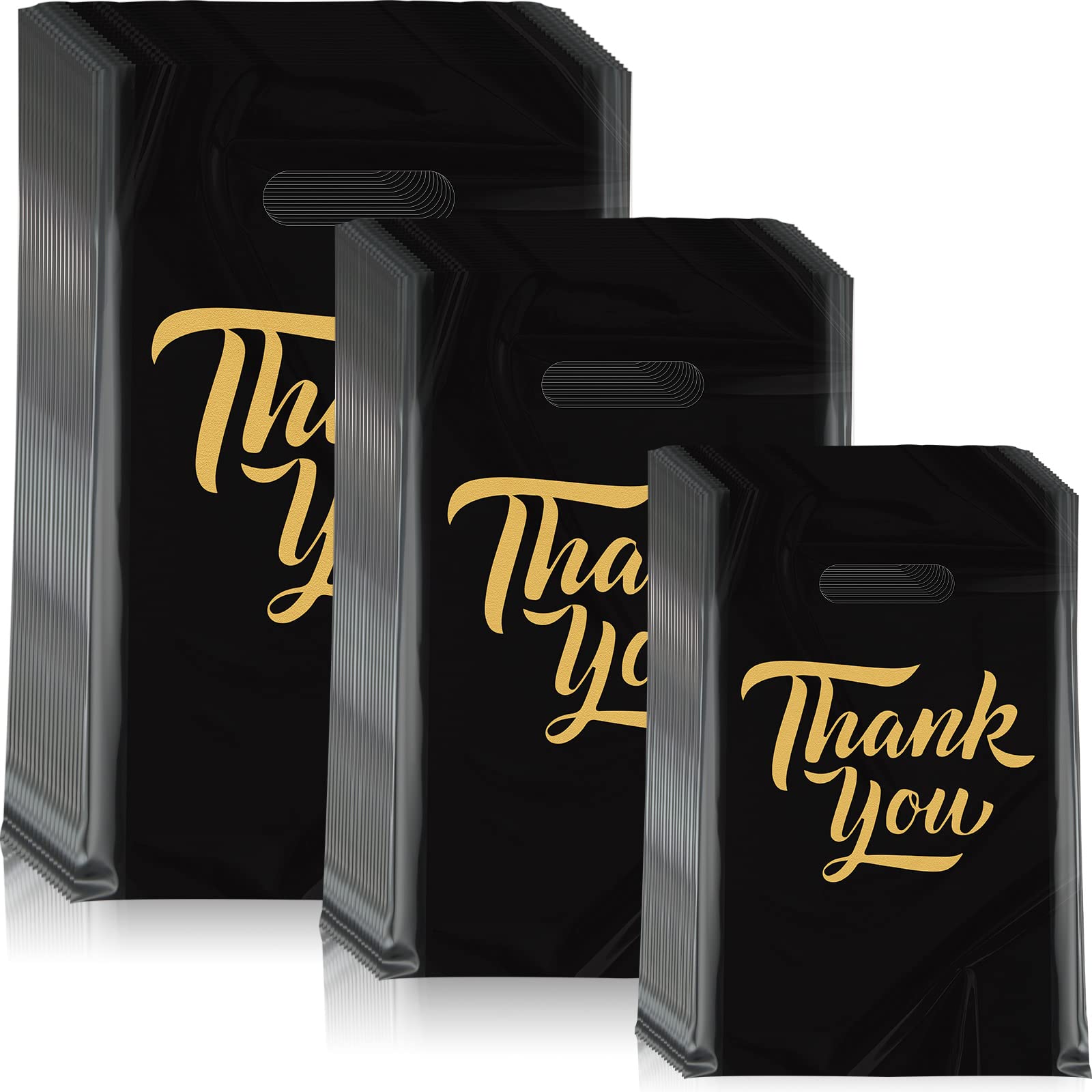 Jeyiour 300 Pcs Thank You Merchandise Bags 3 Size Shopping Bags for Business with Handles Thank You Gift Plastic Boutique Goodie Sacks for Wedding Stores Packaging(Black)