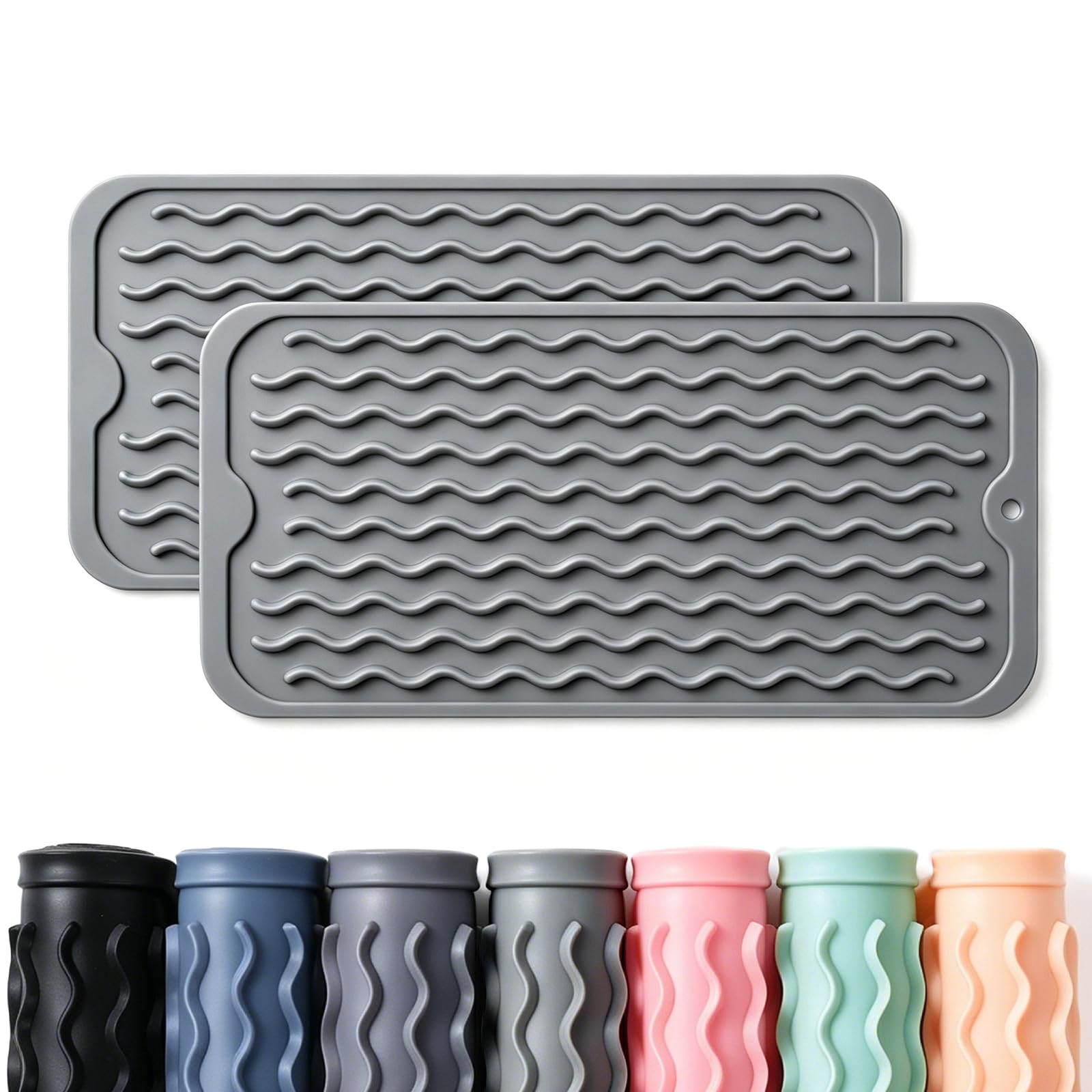 2 Pack Caketime Silicone Dish Drying Mat for Kitchen Counter Waterproof Under Sink Near Faucet with Bathroom Countertop Organizer Soap Holder New Home Essentials 12"x6" Gray