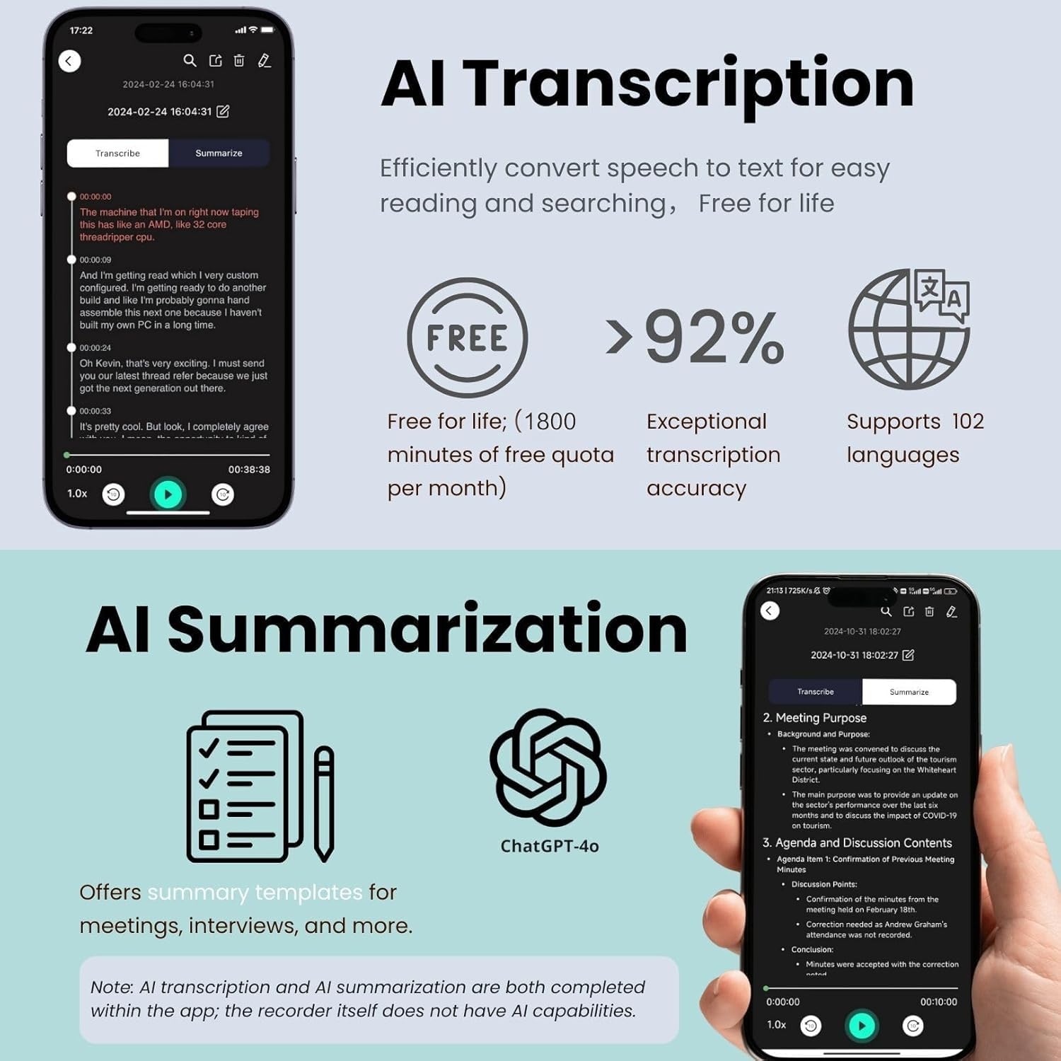 Grabadora de Voz IA, Grabadora Mini Magnética de 64GB con ChatGPT 4o para Transcripción y Resumen en 102 Idiomas, Grabación con Un Toque, Grabadora de Voz para Conferencias/Llamadas (Negro)