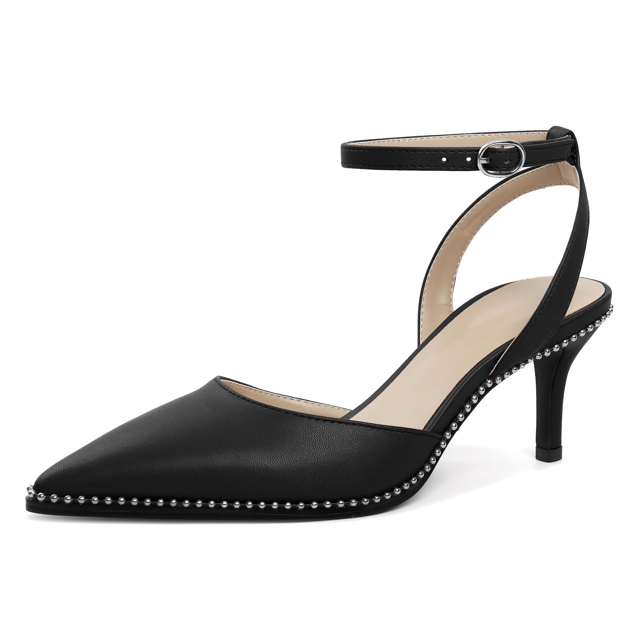 SAMMITOP Kitten Heels for Women Low Heel Closed Toe Ankle Strap Pumps Wedding Party Beaded Dress Shoes 2.4 Inch