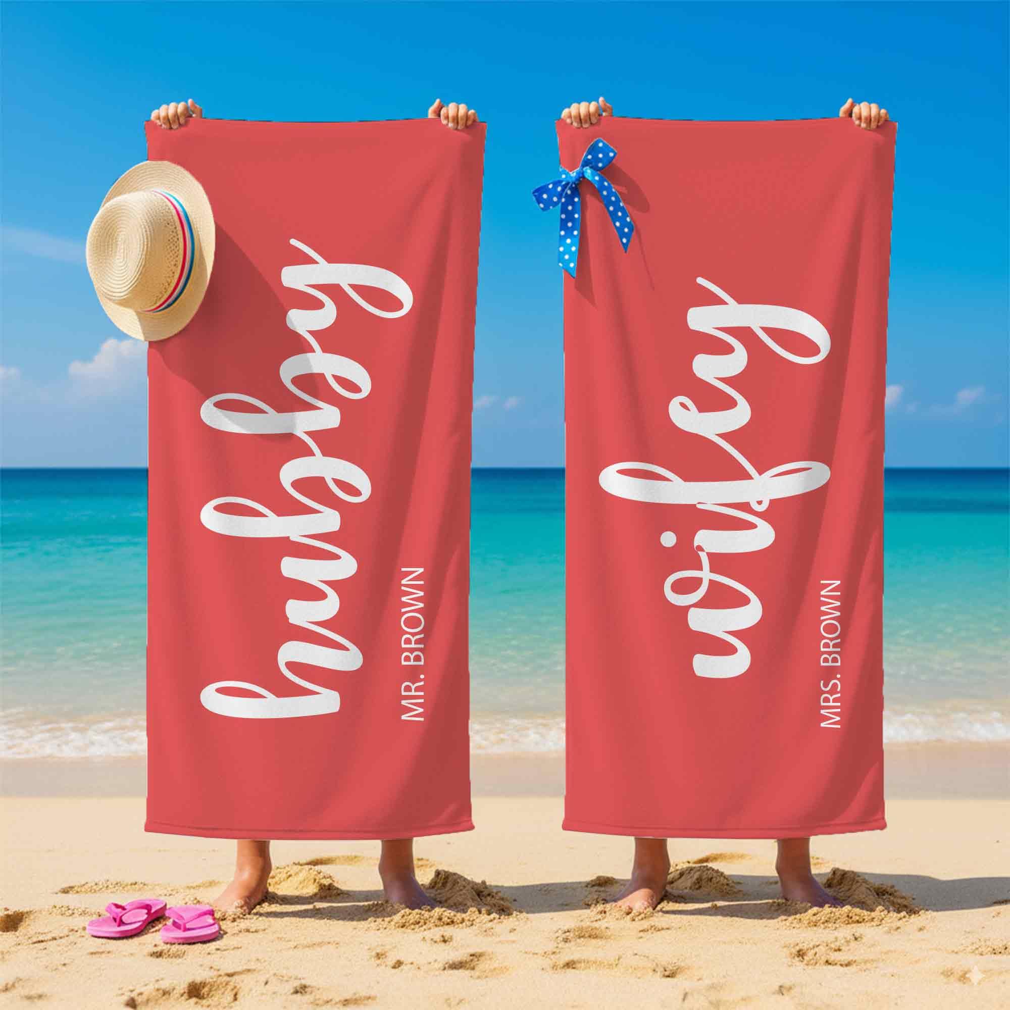 Print Maniacs Custom Personalised Hubby and Wifey Towel Microfibre Beach Towel Couple Gift Large Quick Dry Lightweight Travel Towel Honeymoon Holiday Pool Spa