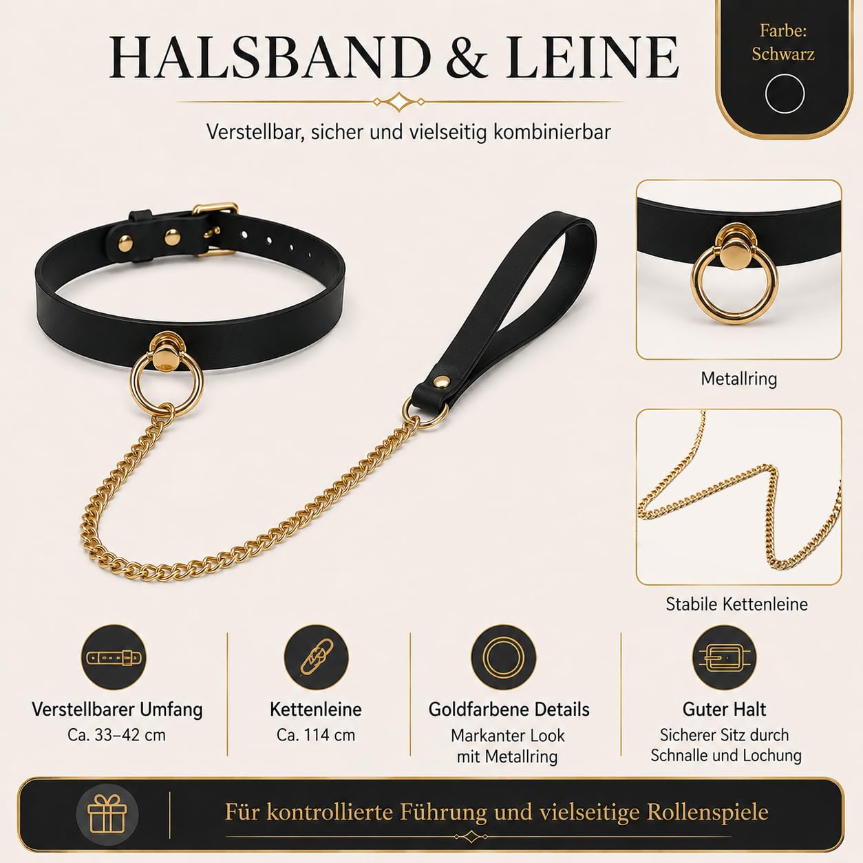 BDSM Set mit Augenbinde, Ballknebel, Fesseln, Halsband und Leine(Schwarz)
