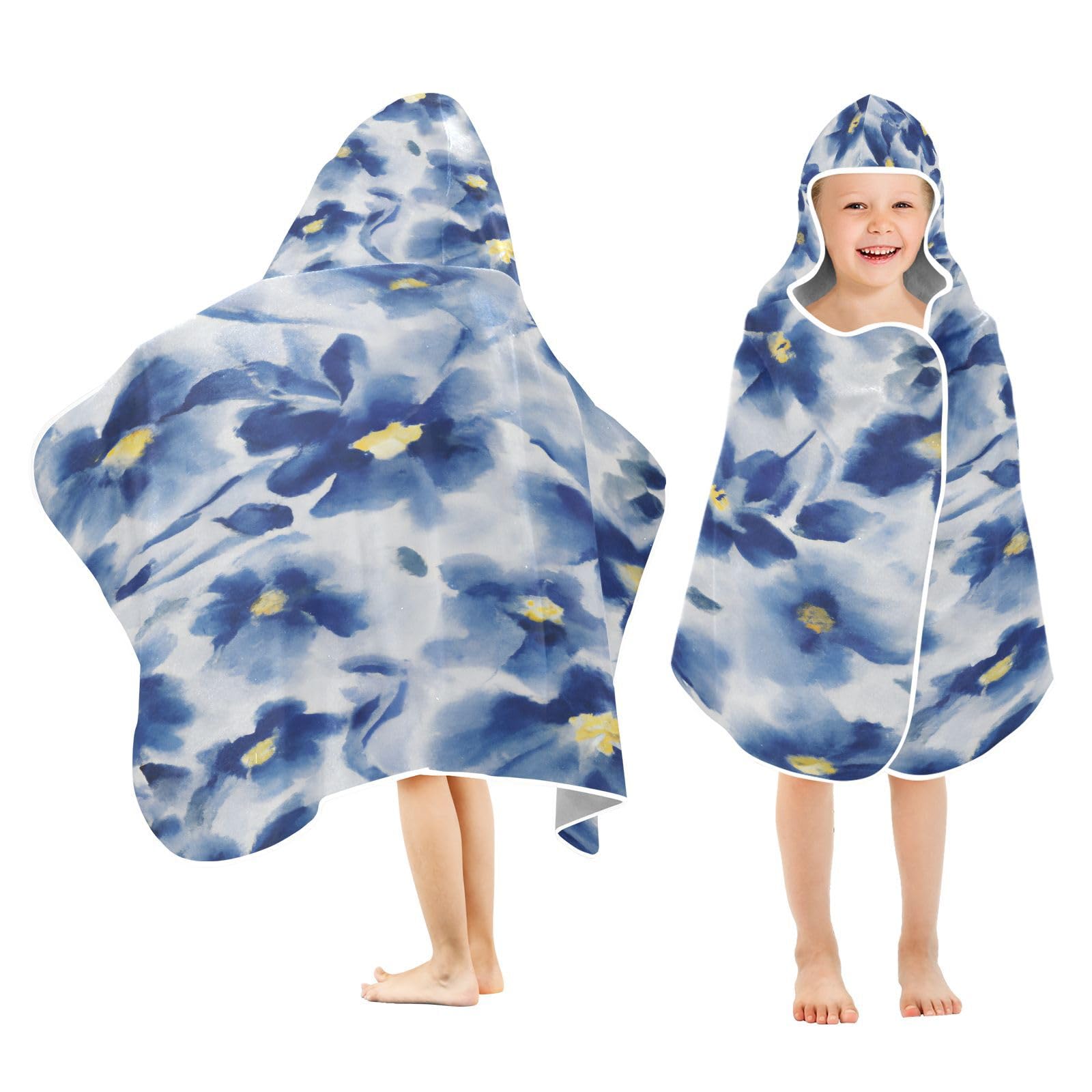 Kigai Blue Flowers Hooded Beach Towel for Kids Soft Absorbent Quick Dry Bath Towel with Hood Lightweight Toddler Shower Pool Bath Wrap for Boys Girls