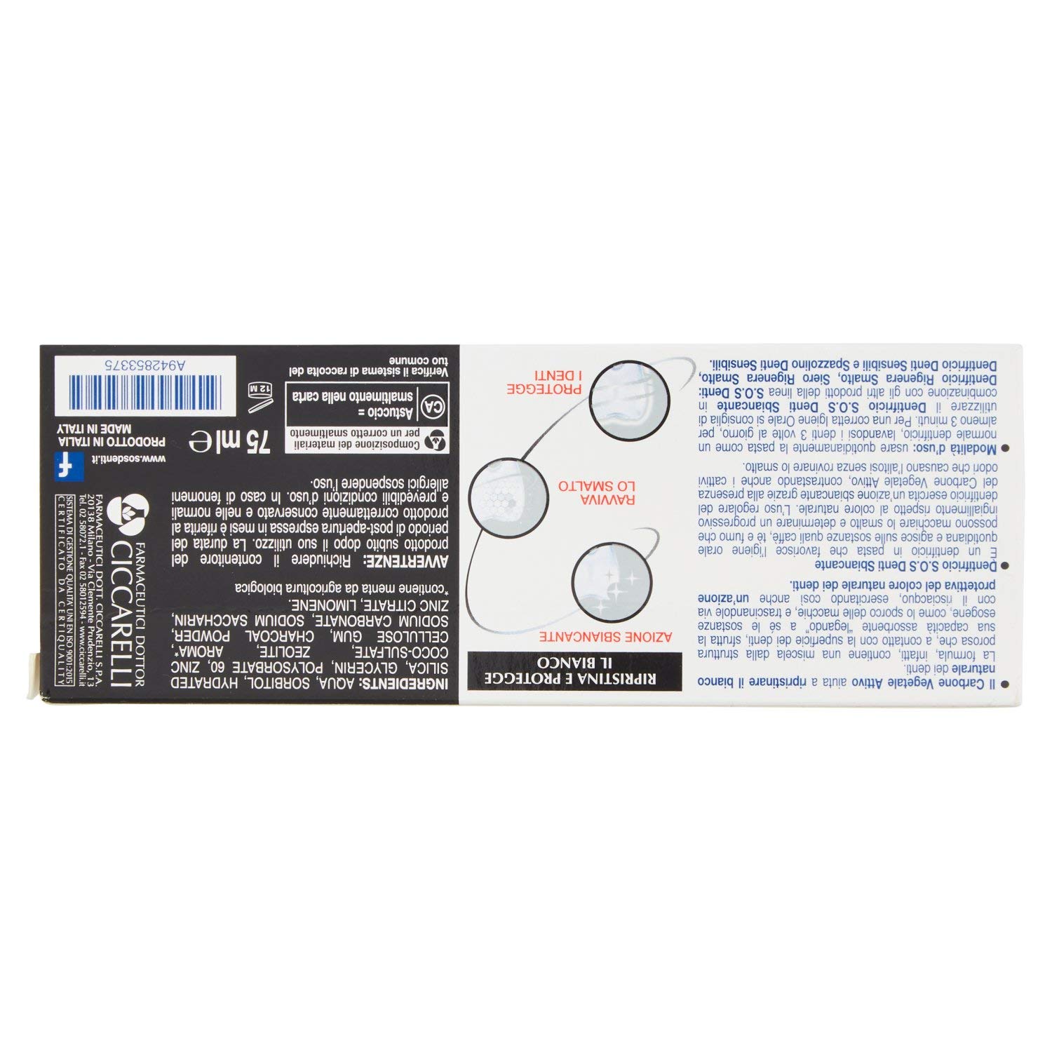 S.O.S Dientes Dr Ciccarelli, Pasta de Dientes Blanqueante Especializada, Contribuye a Restaurar y Proteger el Color Natural de los Dientes, Elimina los Malos Olores, 100% Made in Italy, Tubo de 75 ml