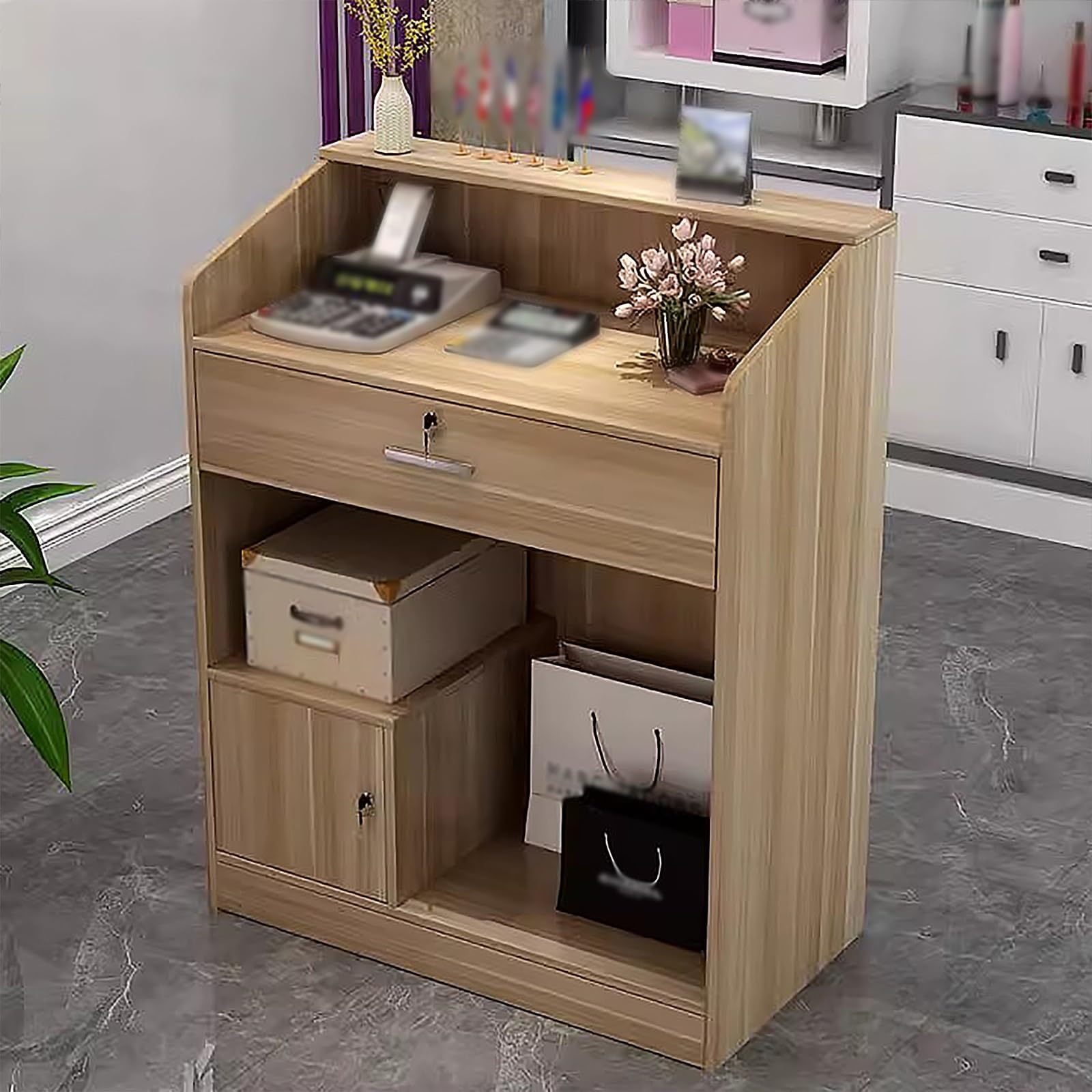 Mostrador De Recepción Pequeño 60 Cm - Mesa Para Recepción, Mostrador De Caja, Con Cajón Y Ordenador De Cables, Negro