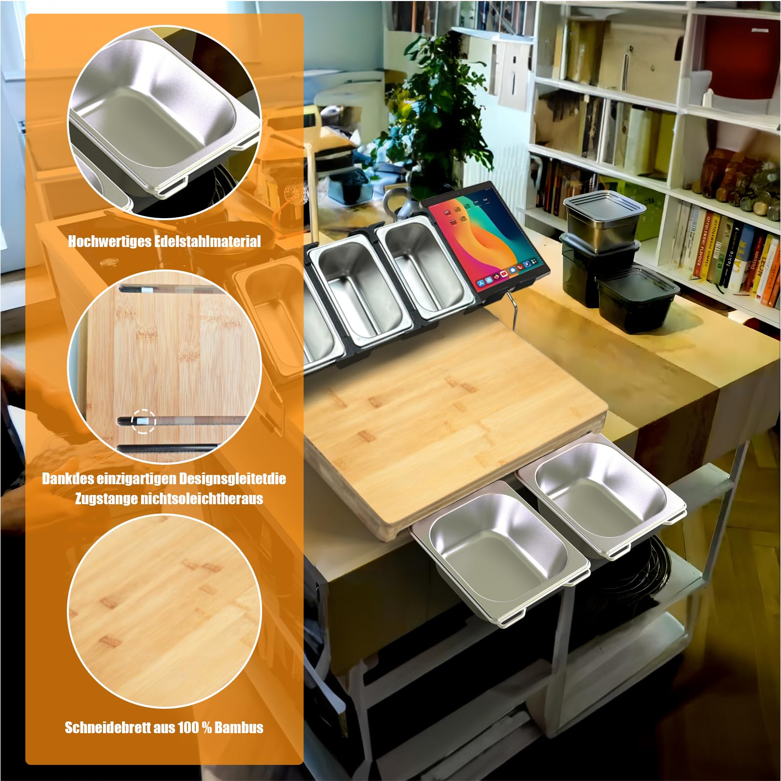 Tabla de cortar con bandeja colectora de madera de bambú orgánico, tabla de cortar extra grande y extensible, incluye 5 cajas de almacenamiento de alimentos de acero inoxidable y 1 soporte para