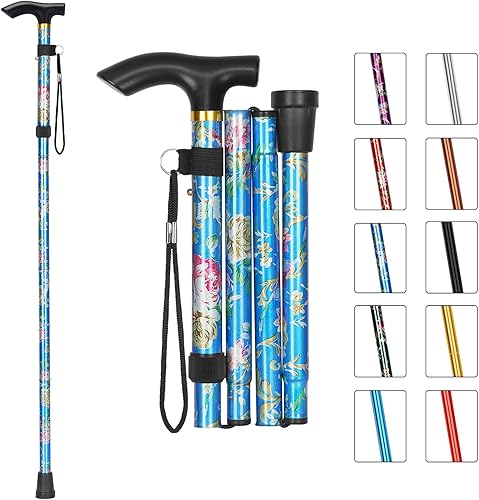 MFE Bastón plegable, portátil de 5 niveles de altura ajustable con diseño plegable, correa de muñeca y mango en T para hombres y mujeres