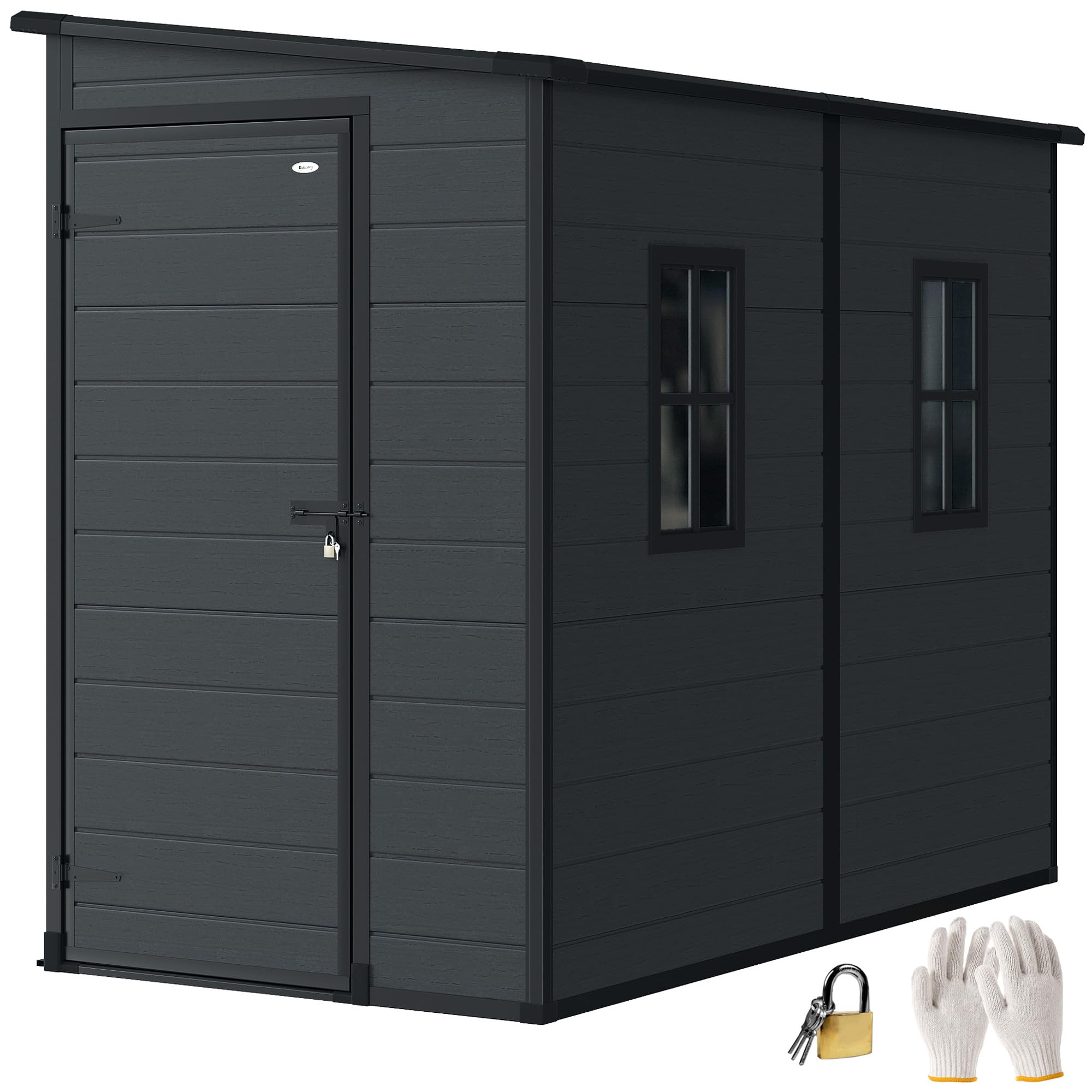 Outsunny 4.3' x 8' Outdoor Storage Shed with Floor, Garden Shed with Lockable Doors and Windows for Backyard, Patio, Garage, Lawn, Dark Grey