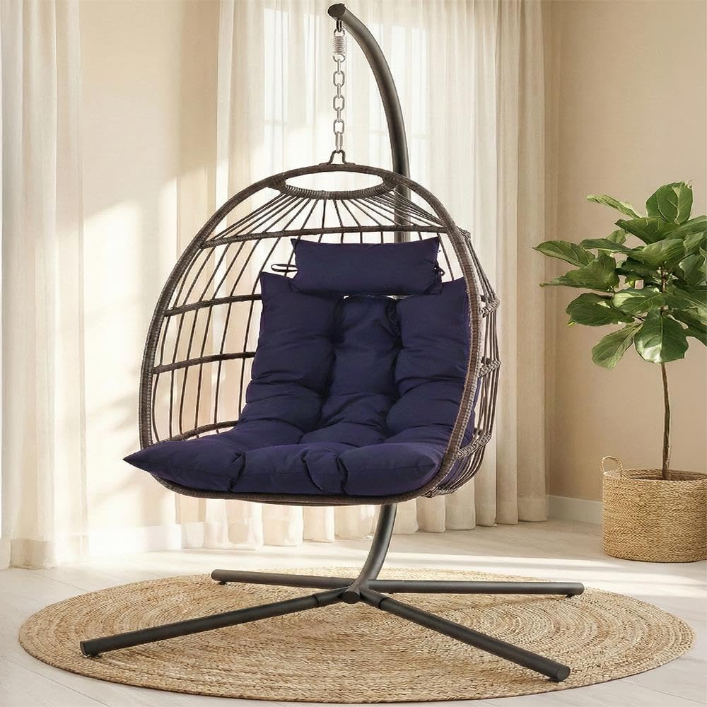 SereneLife Sedia a uovo sospesa con supporto, sedia a dondolo in vimini e rattan, struttura in acciaio verniciato a polvere, cuscino imbottito e poggiatesta, ideale per camera da letto, patio, cortile