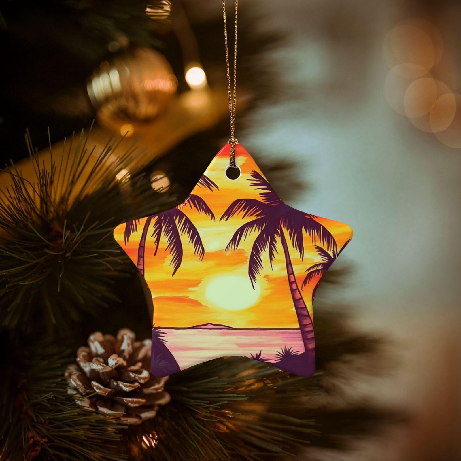 Christmas Tree Ornaments Ceramics Christmas Decorations Sunset Palm Tree Ornaments with Gold Ribbon Porcelain Xmas Tree Crafts Star Shape Hanging Pendant for Christmas Tree Party Decor