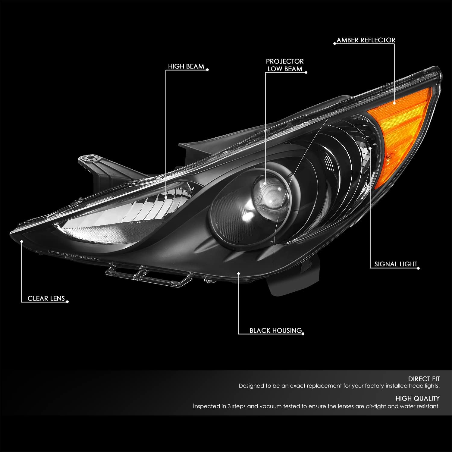 DNA MOTORING HL-OH-HSON11-BK-AM Black Amber Projector Headlights Compatible with 11-14 Hyundai Sonata, NOT Fit HID Headlight Equipped Models or Hybrid Models