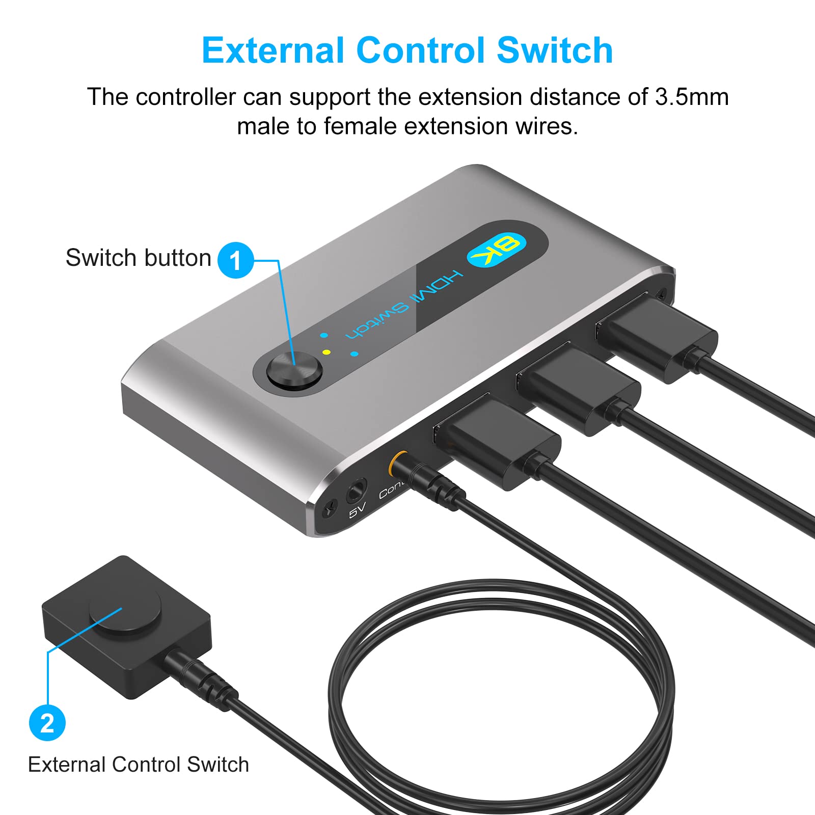 HDMI 2.1 Switch 8K 2 in1 out HDMI Switcher 2-Port Support 8K 60Hz 4K 120Hz HDCP 2.3 Ultra HD 3D for Xbox PS4 PS5 Roku UHD TV Monitor with Cable Desktop Controller