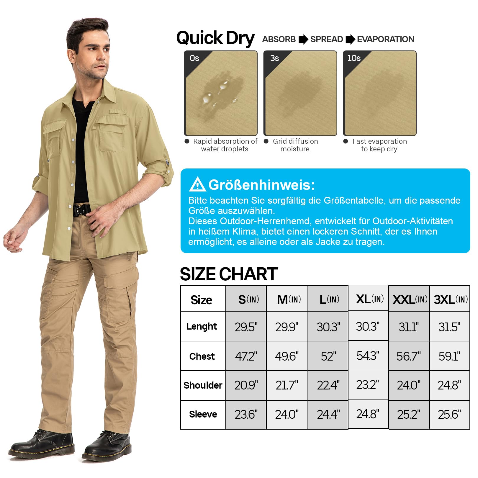 yeyity Camicia da uomo a maniche lunghe UPF50+, protezione UV Safari, traspirante, per il tempo libero, ad asciugatura rapida, funzionale, per escursioni, pesca, trekking