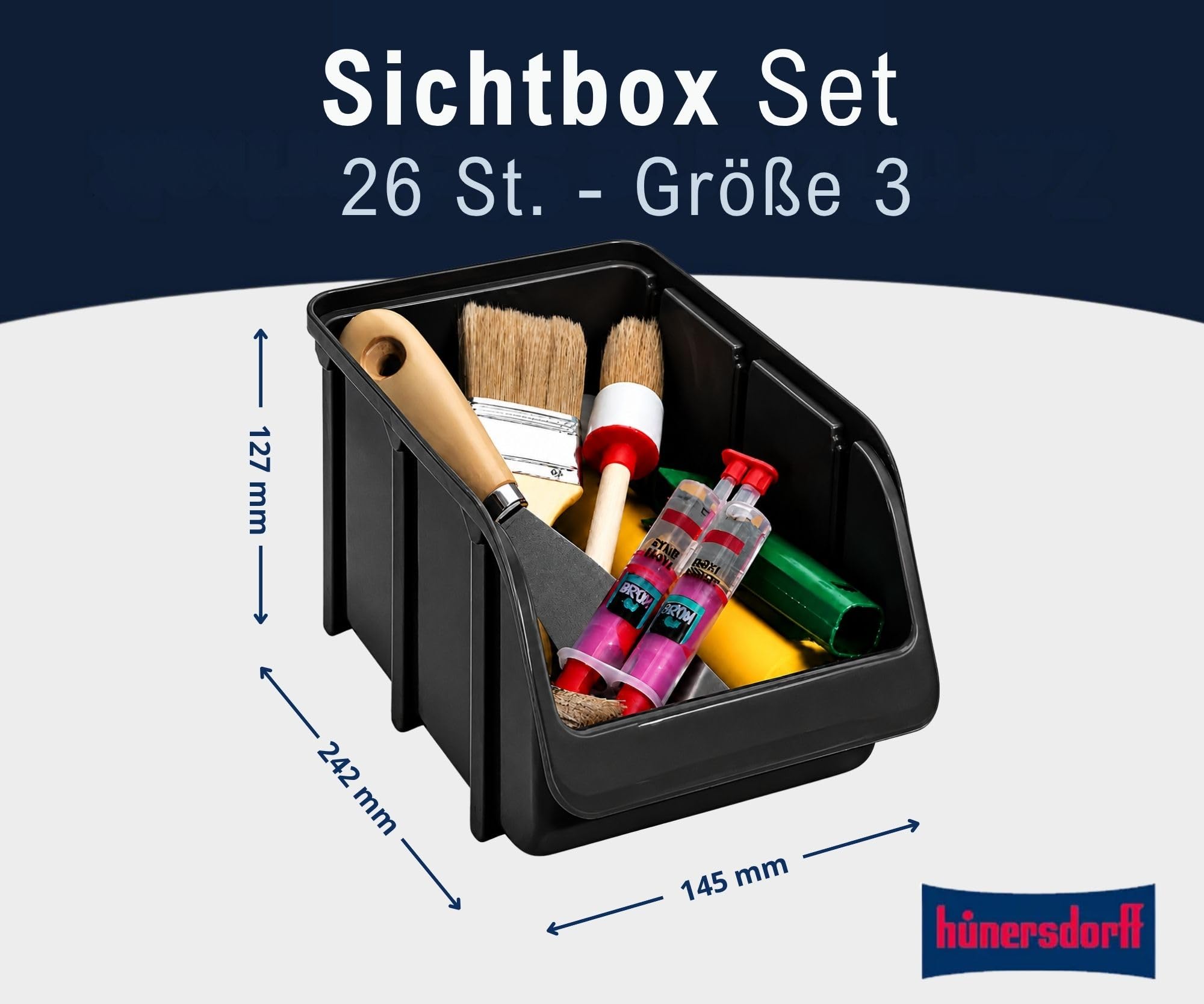 Hünersdorff 26 x Sichtbox - Stapelbox Lagerbox SET in Größe 3 - aus bruchsicherem Polypropylen (PP) - Rezyklat- ideal für Ordnungs- und Sortiersysteme, Wandplatten, Fahrregal, Werkstattregal - Schwarz