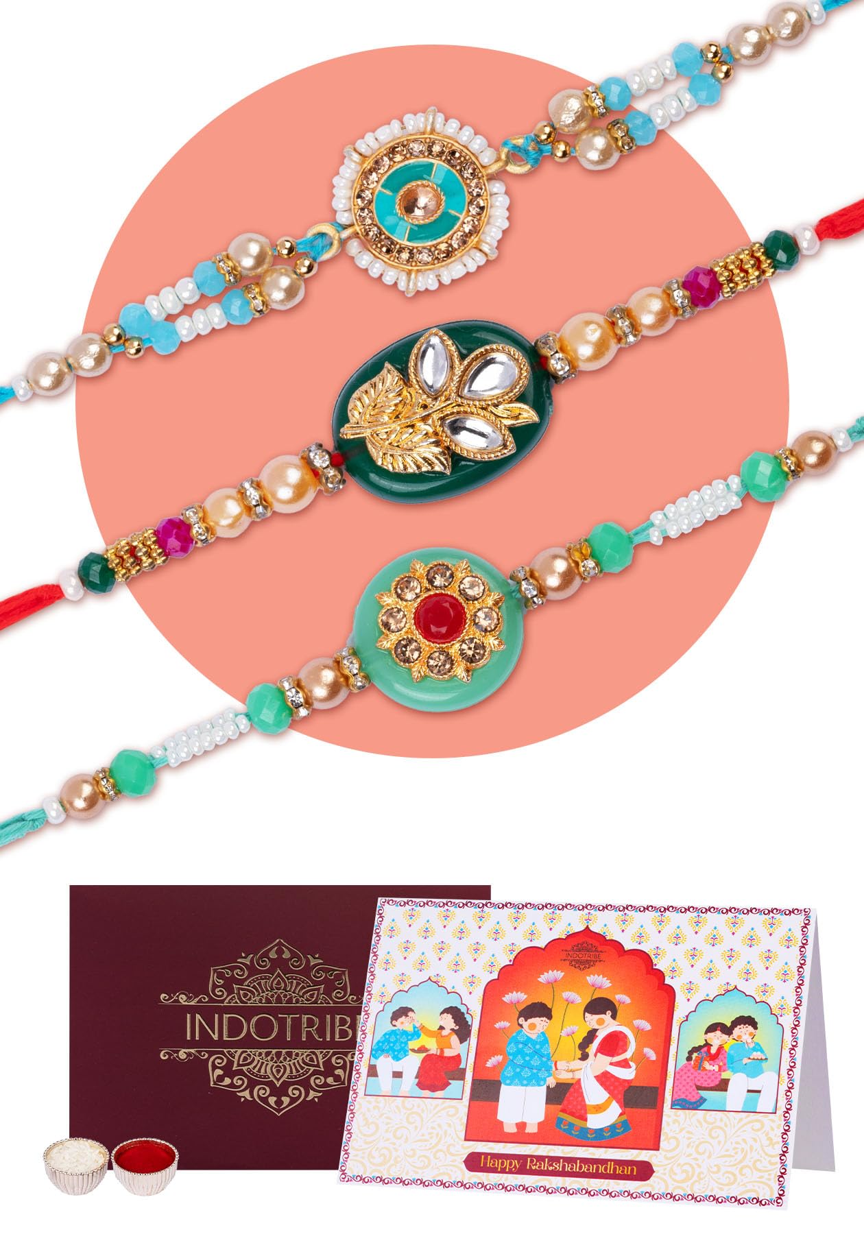 IndoTribeRakhi For Brother with Gift Set - Set of 3, Rakhi For Brother with Card, Roli Chawal | Rakhi for Brother and Bhabhi | Rakhi For Brother | Bhaiya Bhabhi Rakhi | Raksha Bandhan Rakhi
