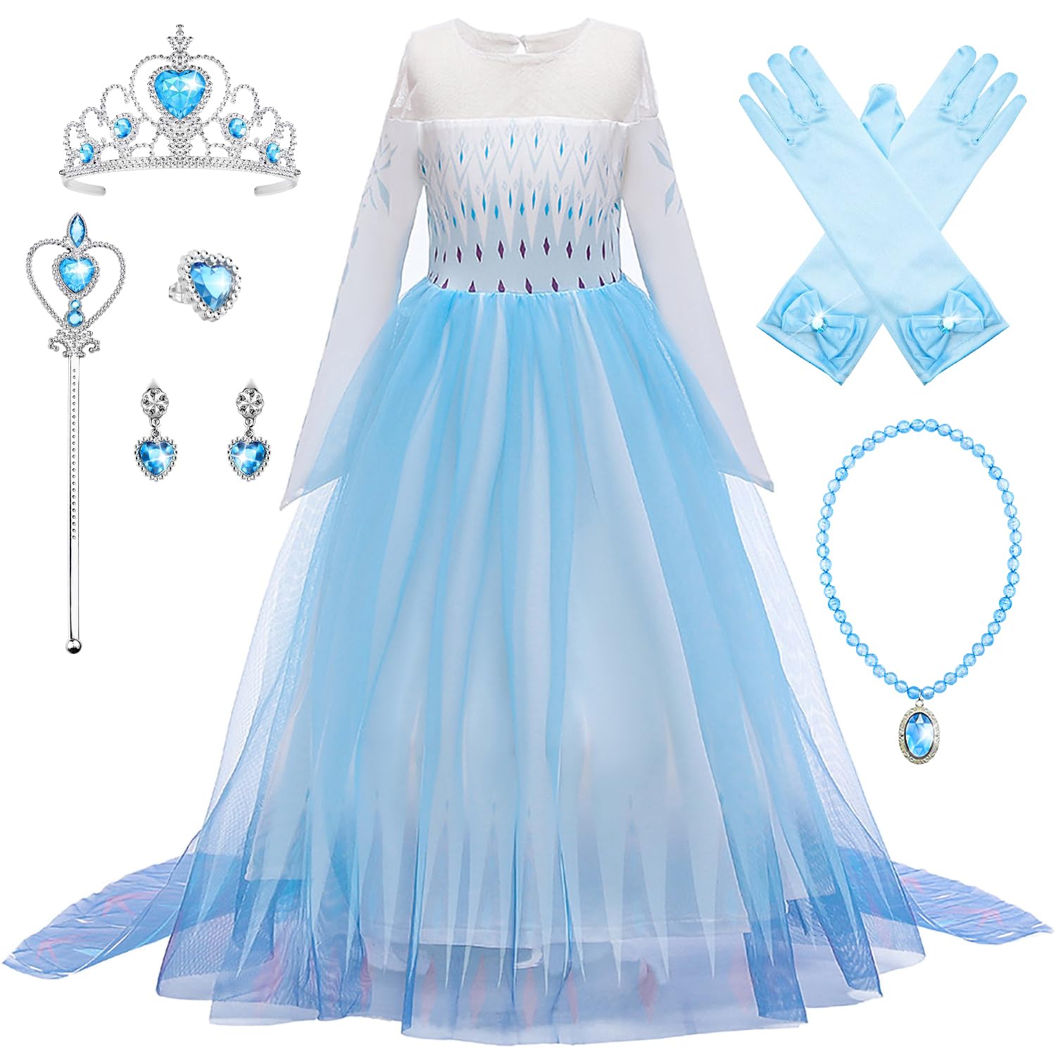 New front Niña Disfraz Princesa Elsa con Capa Vestido de Frozen Reina 2 Costume Manga Larga Traje Parte de Fiesta Cumpleaños Navidad Halloween Cosplay Fancy Dress con Accesorios