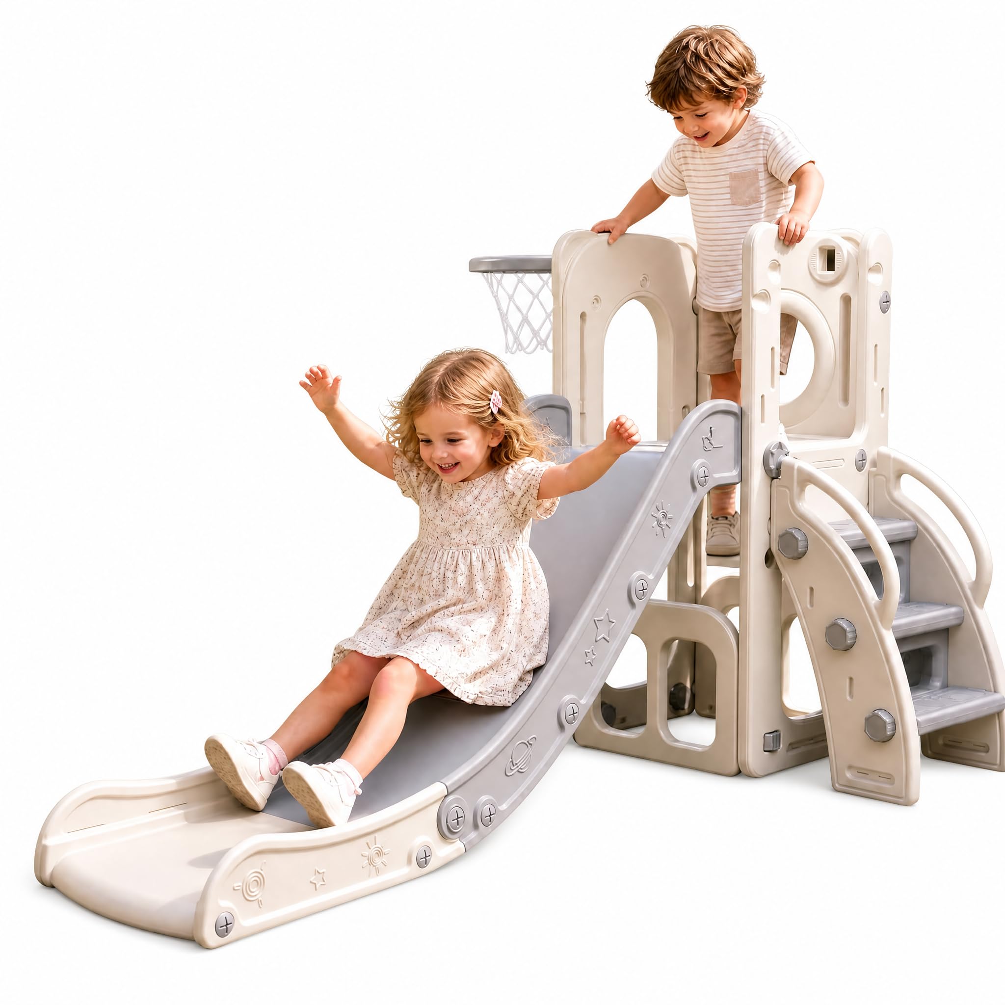 hotsizz Toboggan Enfant utilisable en intérieur et extérieur Toboggan 4 en 1 équipé d’Un Panier de Basket, d’Un bac de Rangement et d’escaliers d’Escalade,Longueur du Toboggan 136 cm