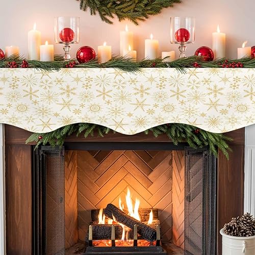 Miniatura 6 de Bufanda de Navidad para chimenea, copos de nieve dorados, bufanda de mantel de Navidad, bufandas de mantel blanco, camino para Navidad, vacaciones,