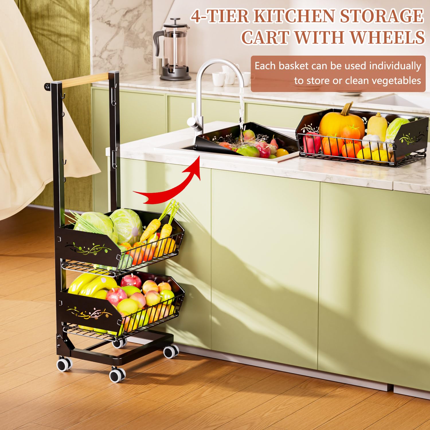 Carrito de almacenamiento de cocina de 4 niveles con ruedas, mejorado más ancho y grueso, carrito de almacenamiento multiusos para despensa y cuarto de servicio (incluye 6 ganchos laterales)