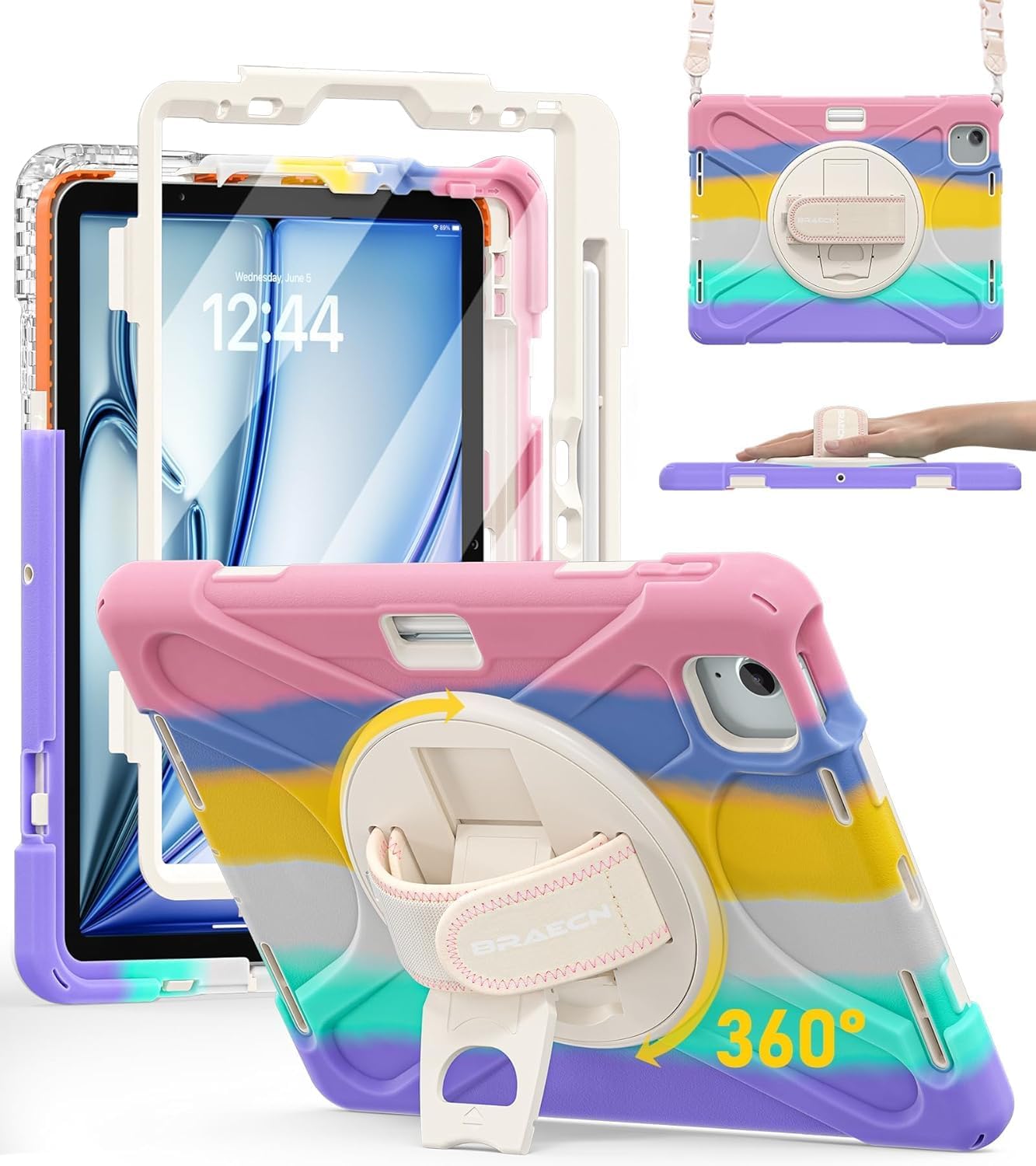 BRAECN for iPad Air 11 Inch M3/M2 (6th Gen) 2025/2024,iPad 5th/4th Gen 10.9 inch Case,Shockproof Silicone with Screen Propector/Pencil Holder, Kickstand, Hand Strap -Colorful Pink
