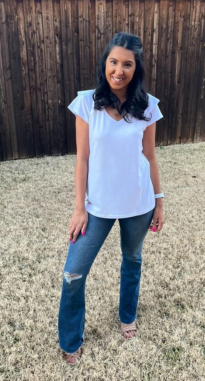 OFEEFAN Womens Summer Tops Ruffle Short Sleeve V Neck T-Shirts Casual Loose Fit - Image 2