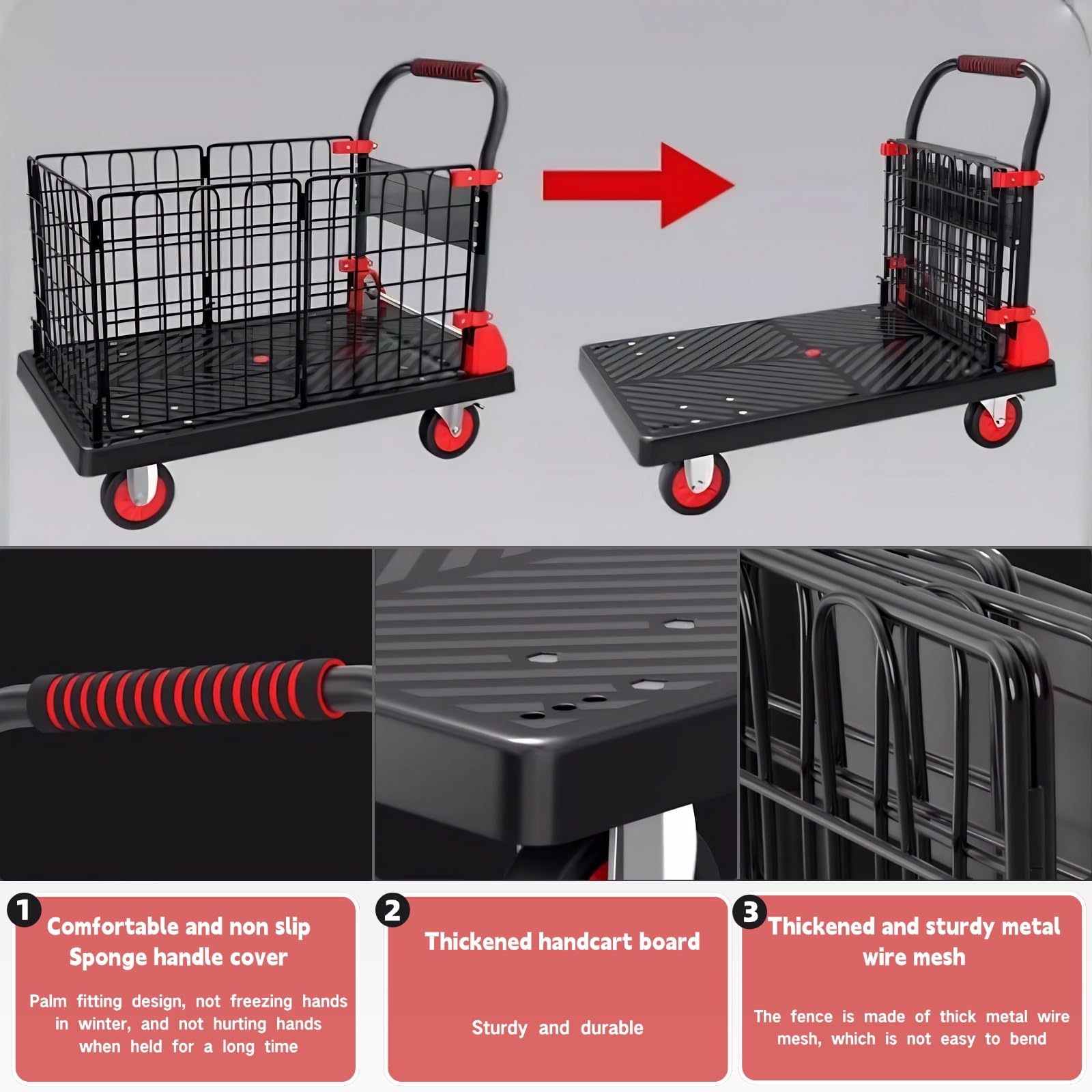 Carrello con piattaforma resistente con recinzione in filo di acciaio rimovibile, capacità di carico 200 kg, ruote silenziose in TPR per un facile spostamento e stoccaggio, ideale per magazzini e