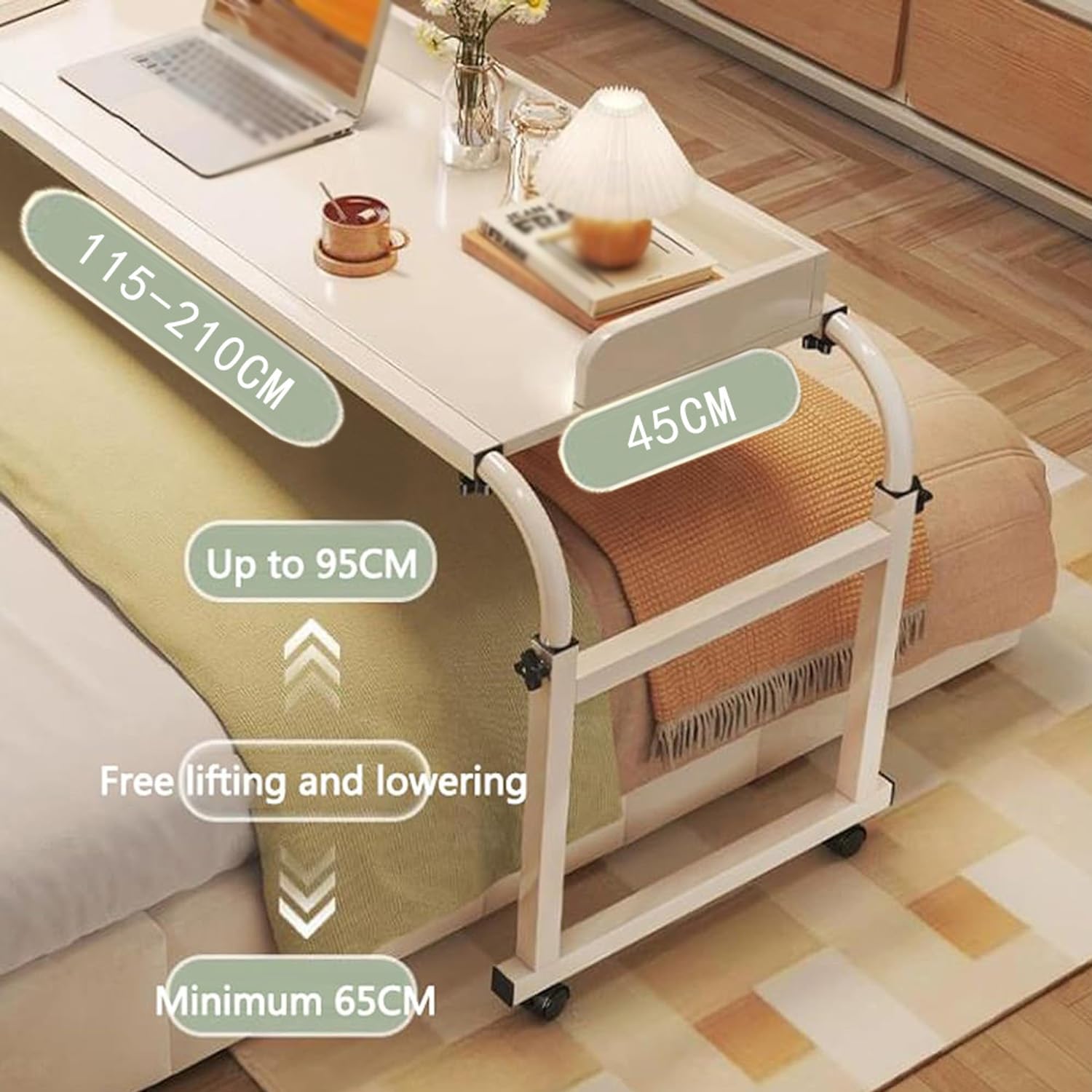 Mesas de Cama con Ruedas, Altura Ajustable para Silla de Ruedas, Bandeja para portátil, Escritorio Grande con Ruedas (Color: Madera+)