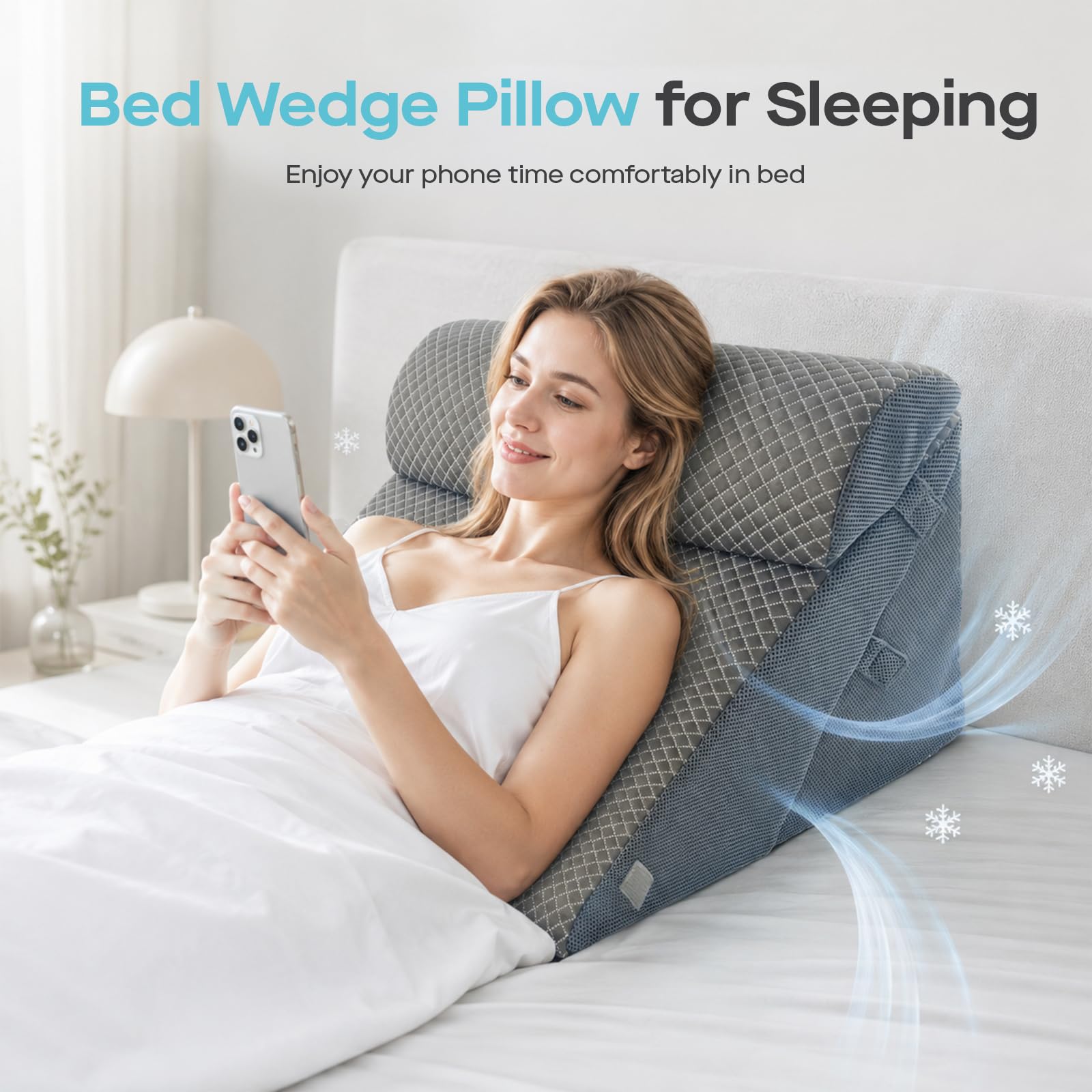 Agrish Almohada cuña refrescante para Adultos | Almohada cuña 3 en 1 de espuma viscoelástica, almohada inclinada para dormir, soporte lumbar para sentarse en la cama