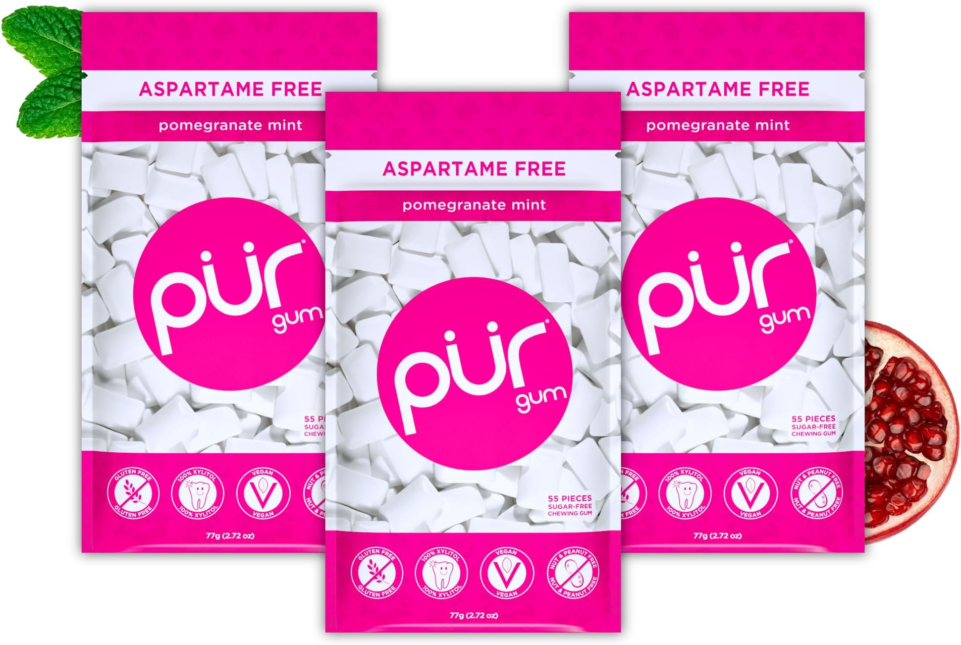 Sugar Free Chewing Gum | Made with Xylitol | Vegan, Aspartame Free, Gluten Free and Keto Friendly | Natural Pomegranate Mint Flavoured Gum, 55 Pieces (Pack of 3)