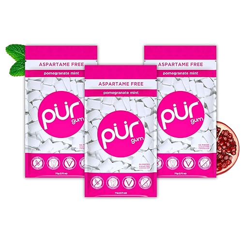 PUR - Chicle de sabor menta y granada elaborado con 100 % xilitol, sin azúcar, aspartamo ni transgénicos, vegano, 55 chicles (paquete de 3 unidades)