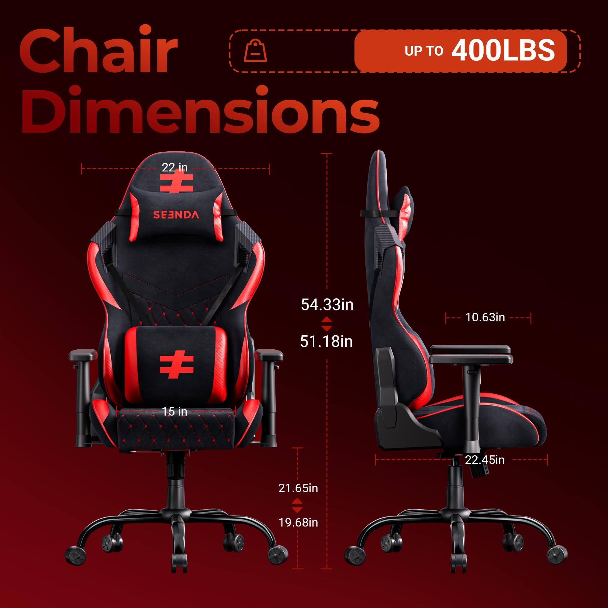 seenda GCPro-20 Chaise Gaming Ergonomique, Fauteuil de Bureau Gaming, Dossier Inclinable 145°, Réglable avec Appui-Tête & Coussin Lombaire, Charge 181 kg, Noir et Rouge