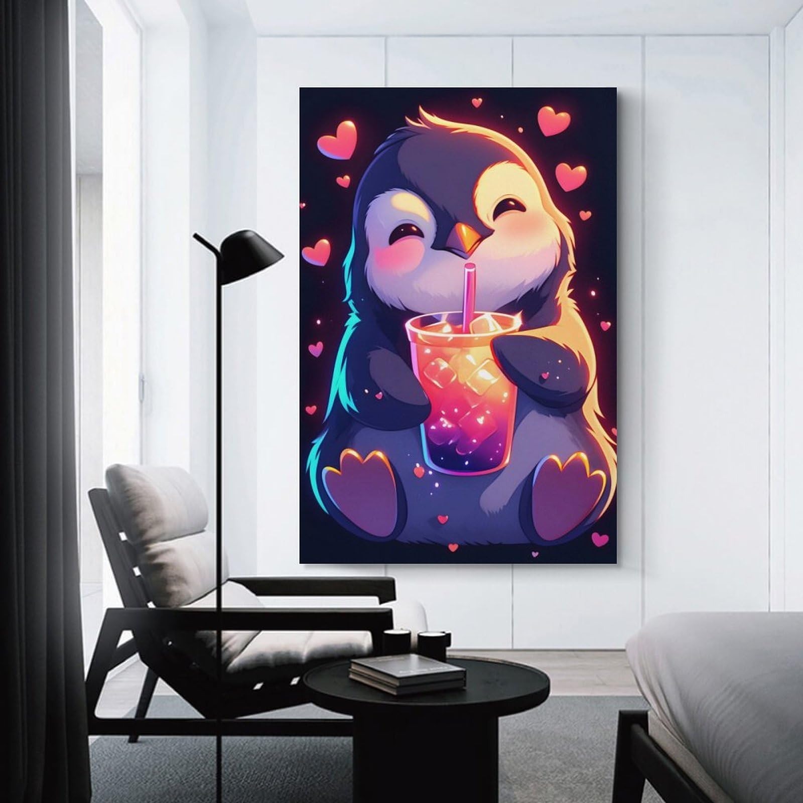 Junmoney Cute Penguin with Drink Canvas Art Print 20x30inch(50x75cm), for Calm Bedrooms, Home Corners Or Flats, An Easy Wall Refresh for Bedrooms