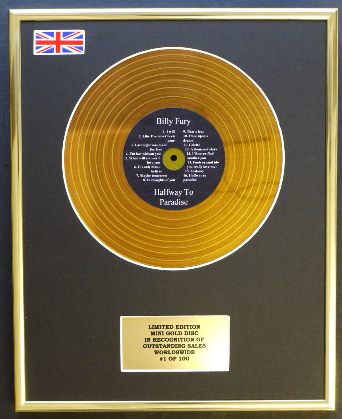Limited Edition Mini Gold Disc Display Gold Billy Fury /Mini Disc Display/Limited Edition/Coa/ Halfway To Paradise