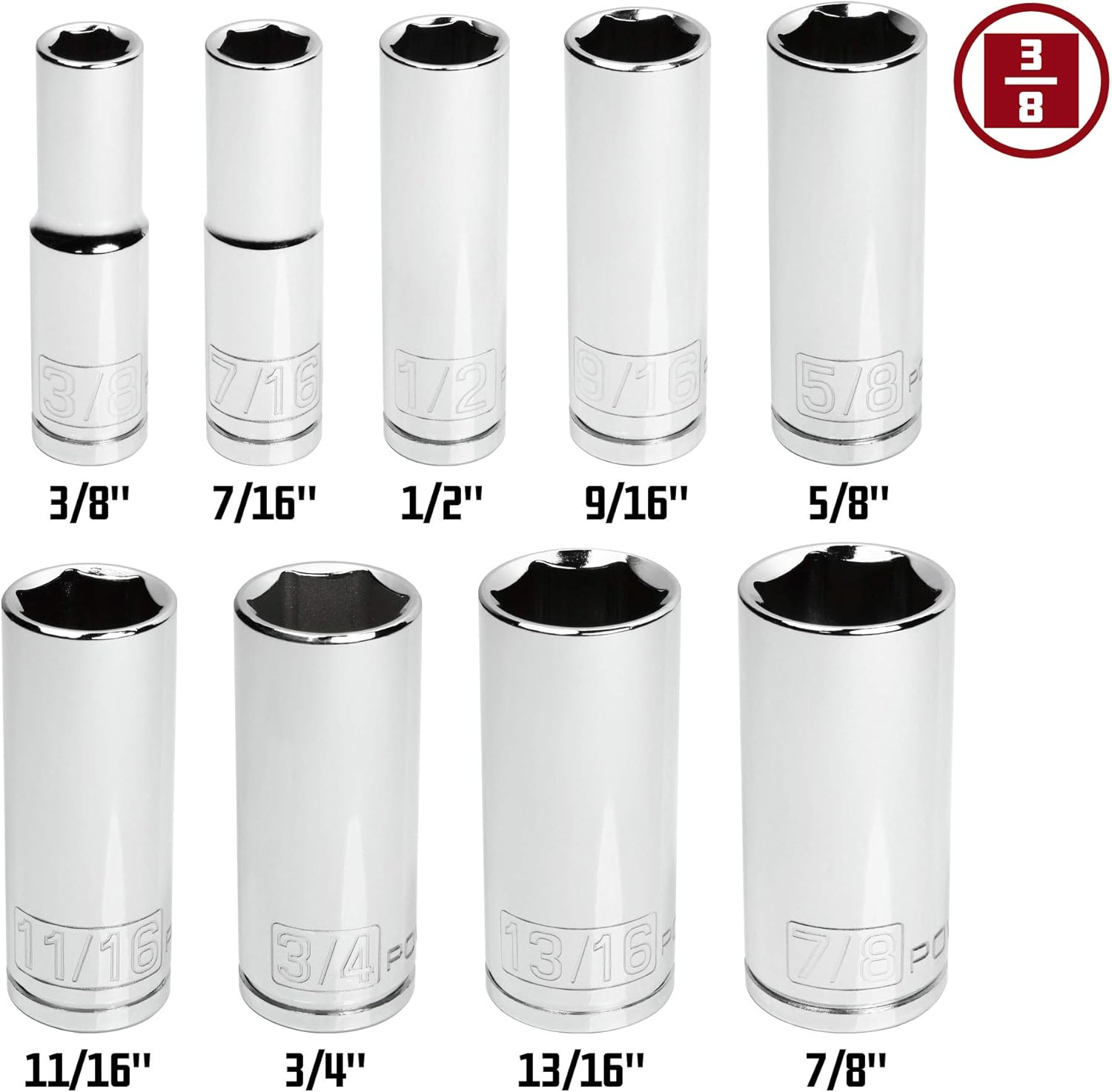 Powerbuilt 9 Piece 3/8-Inch Drive SAE Deep Socket Set, Sizes 3/8-Inch to 7/8-Inch, 6-Point Z-Drive, Chrome Vanadium Steel with Storage Rail - 641717