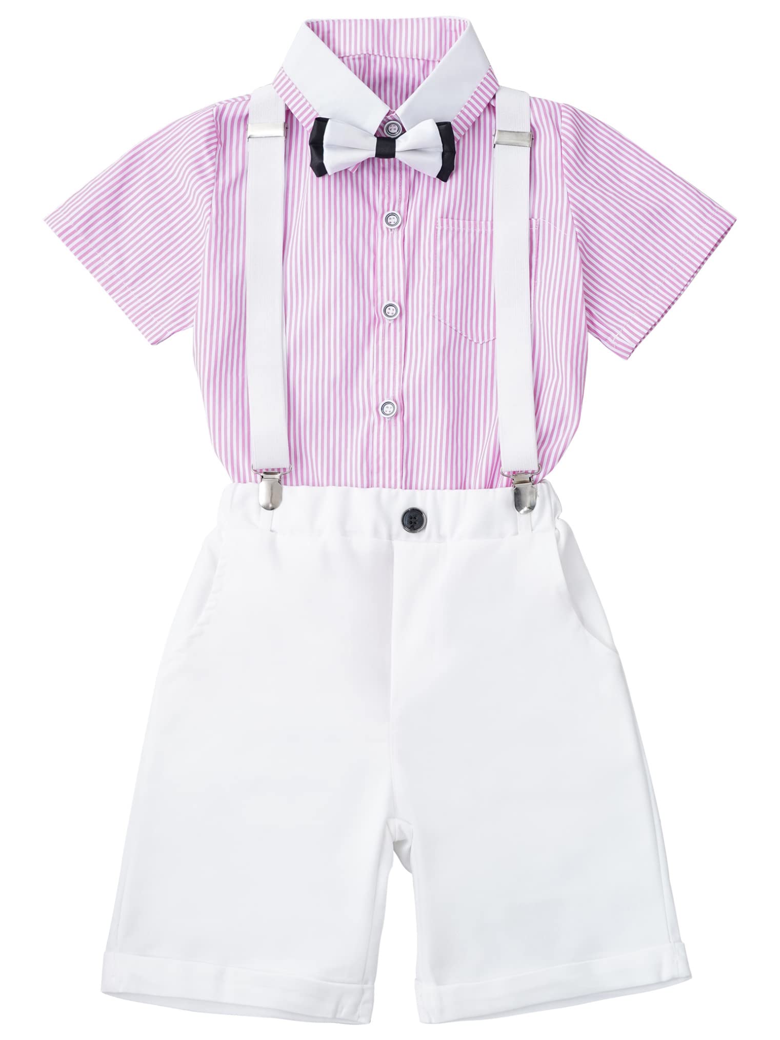 Choomomo Boys Gentleman Outfit Suit Summer Wedding Formal Suit Dress Shirt + Bow Tie + Suspender Shorts Red 12-18 Months
