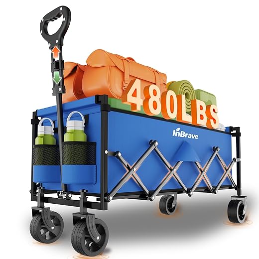Extra Long Collapsible Wagon Cart, 480LBS Heavy Duty Utility Wagons with All-Terrain Wheels, Foldable Grocery Carts for Gardening, Shopping, Beach, Camping, Blue