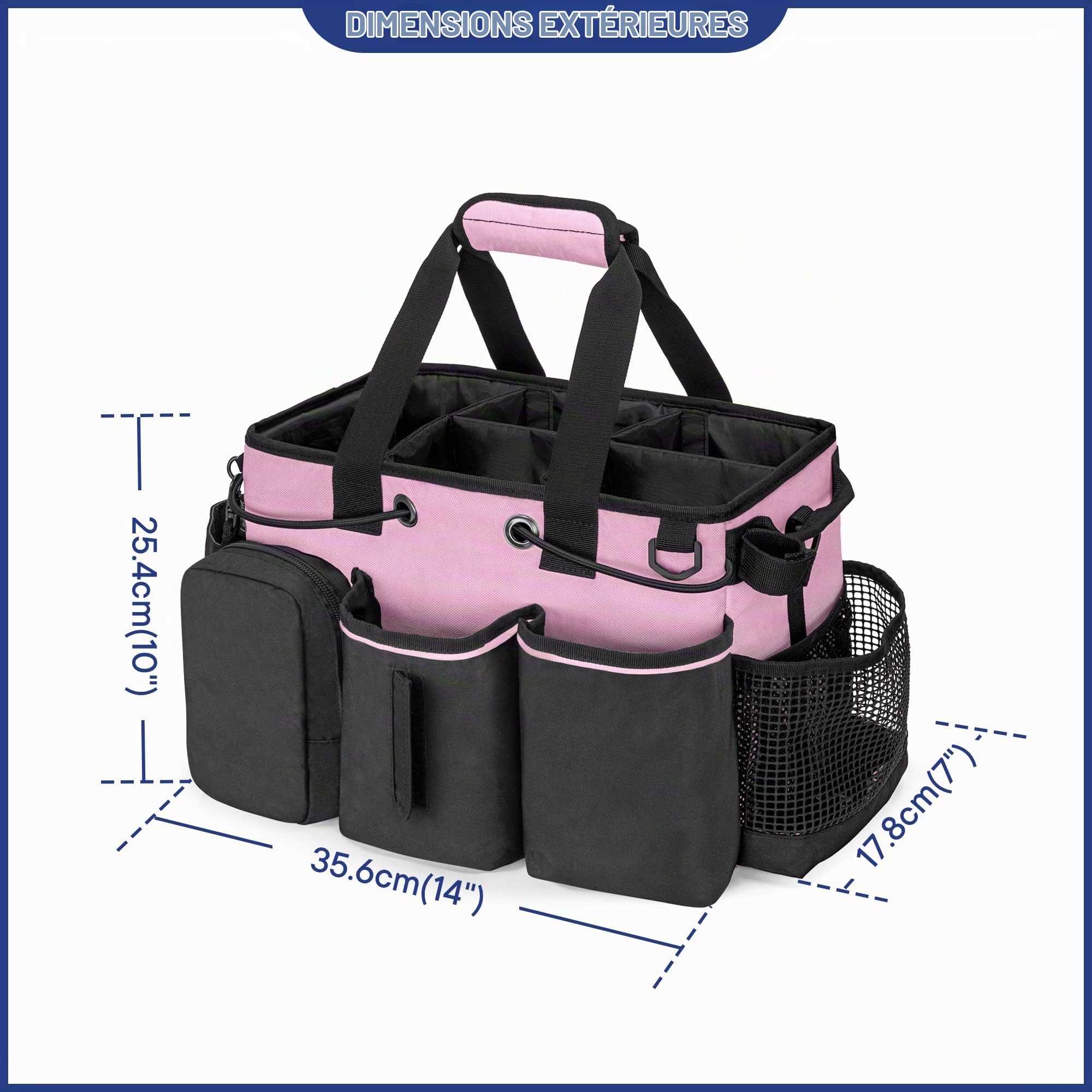 LoDrid Panier de nettoyage avec séparateur amovible, noir et rose | Organiseur de produits de nettoyage avec poignée et bandoulière, sacs de ménage pour femmes de ménage et agents d'entretien