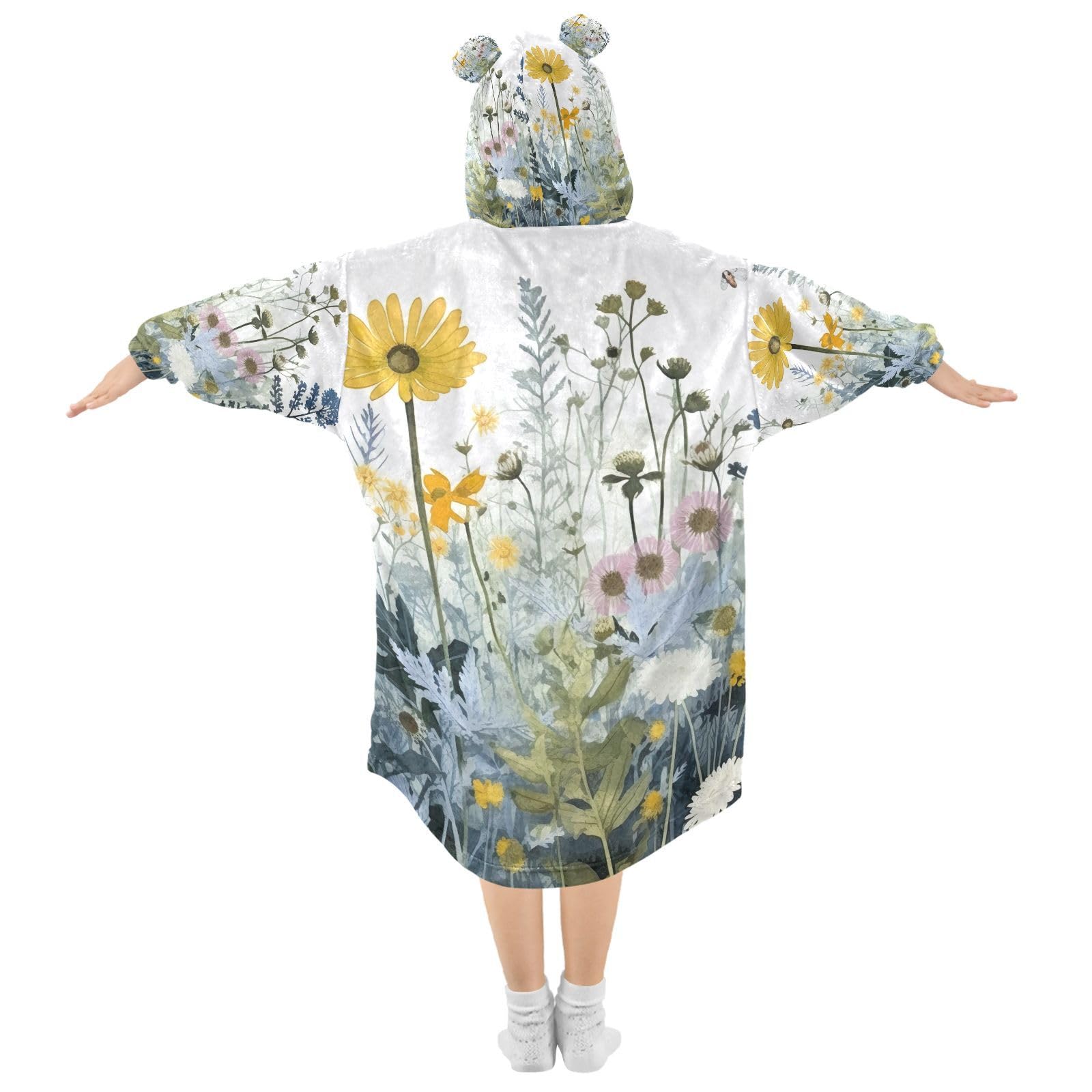Jihqo Beautiful Wildflowers Wearable Blankets for Kids Sherpa Hoodie Blanket for Boys Girls Oversized Hooded Sweatshirt, M