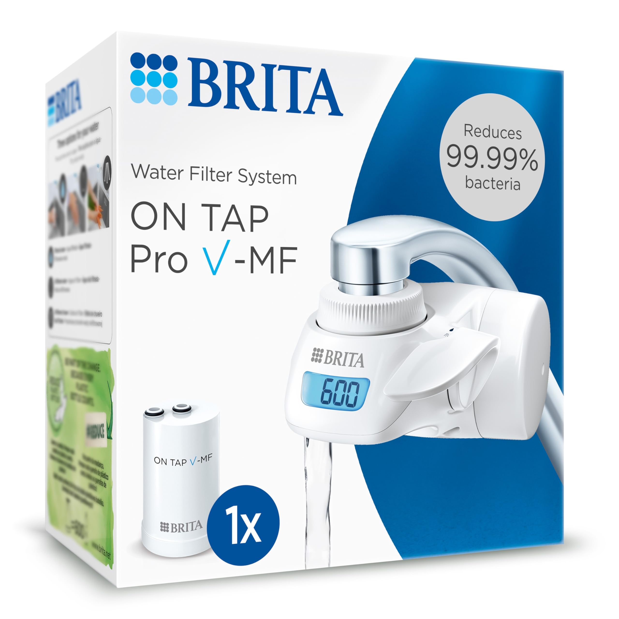BRITA Sistema de filtrado de agua ON TAP Pro V-​MF incl. 1x cartucho filtrante (600L) - para un 99,​99% de agua libre de bacterias, reduciendo PFAS, incl. cuenta atrás digital LCD de capacidad
